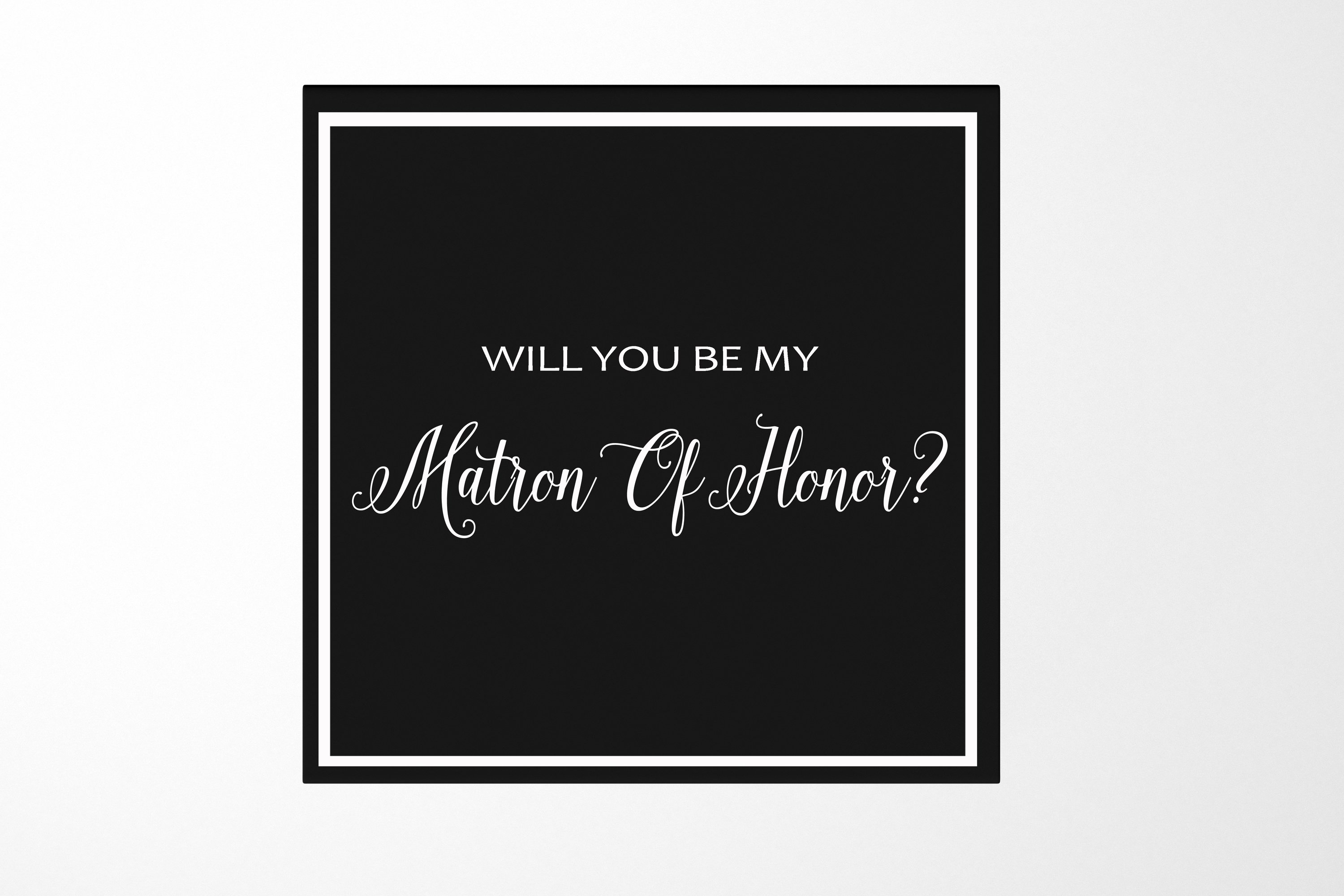 Elegant black proposal box with metallic writing for Matron of Honor request, featuring a sleek design and magnetic closure.