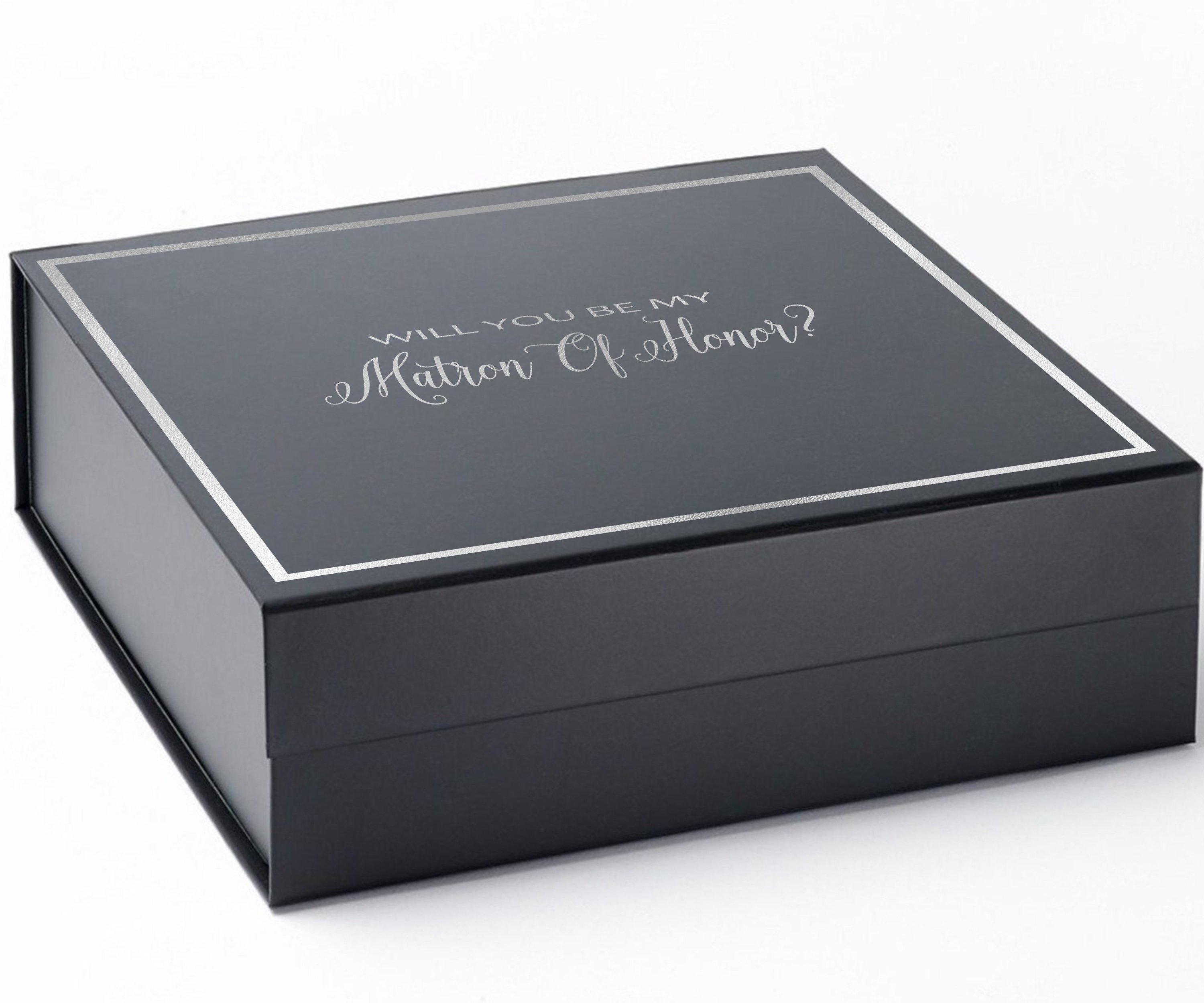 Elegant black proposal box with metallic writing for Matron of Honor request, featuring a sleek design and magnetic closure.