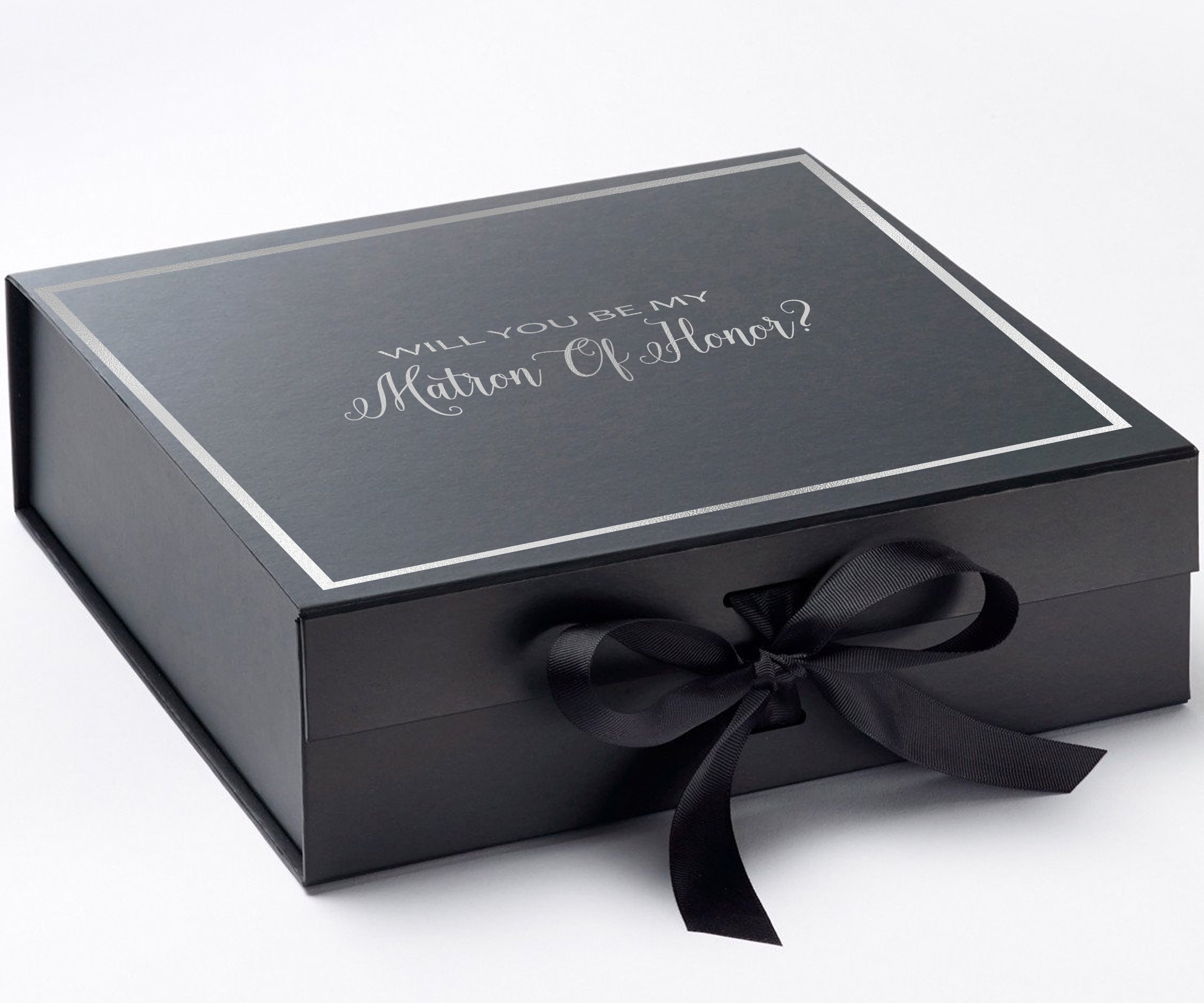 Elegant black proposal box with metallic writing and bow, designed for Matron of Honor proposal.