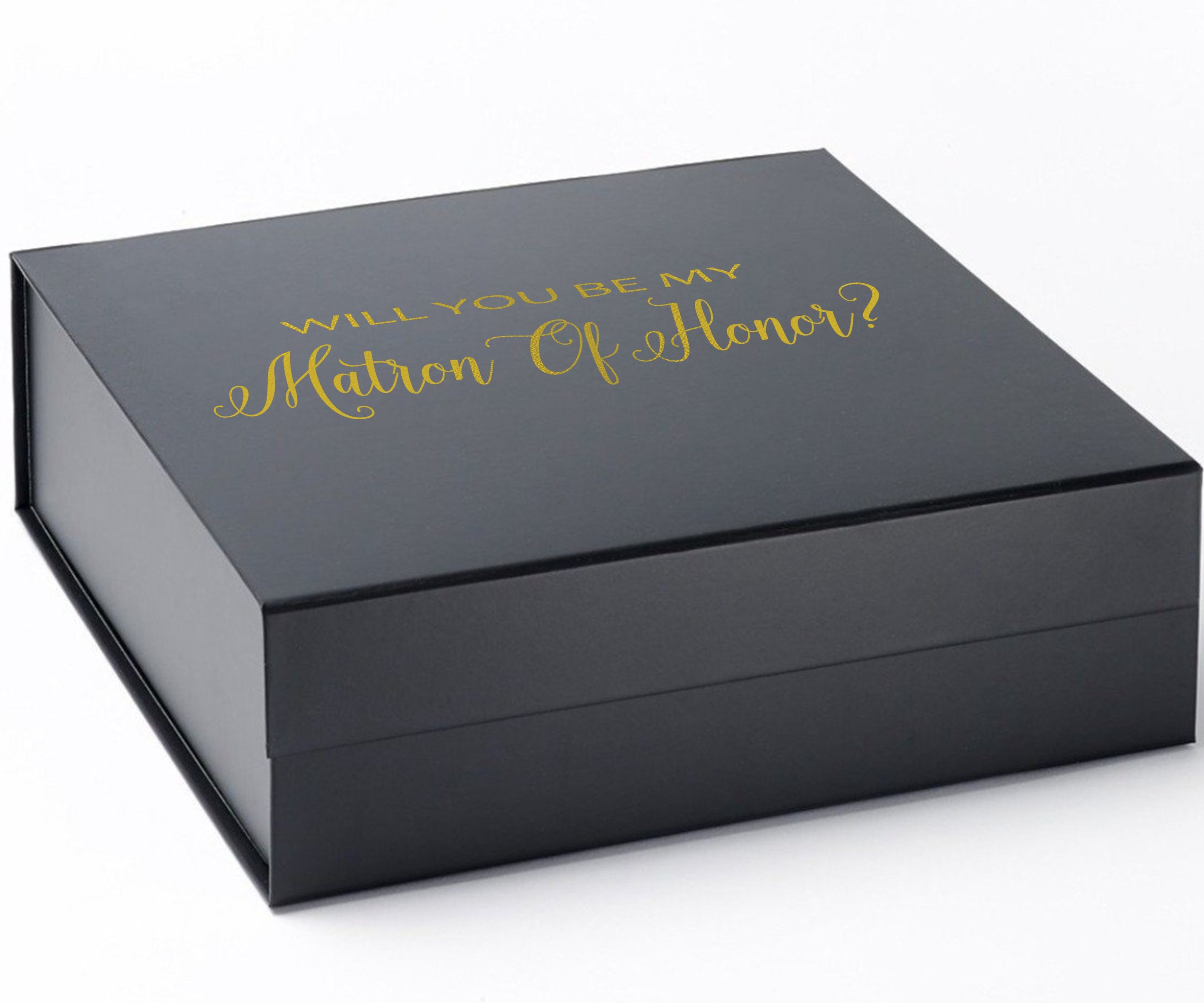 Elegant black proposal box with metallic writing for Matron of Honor, showcasing a sleek design and high-quality finish.