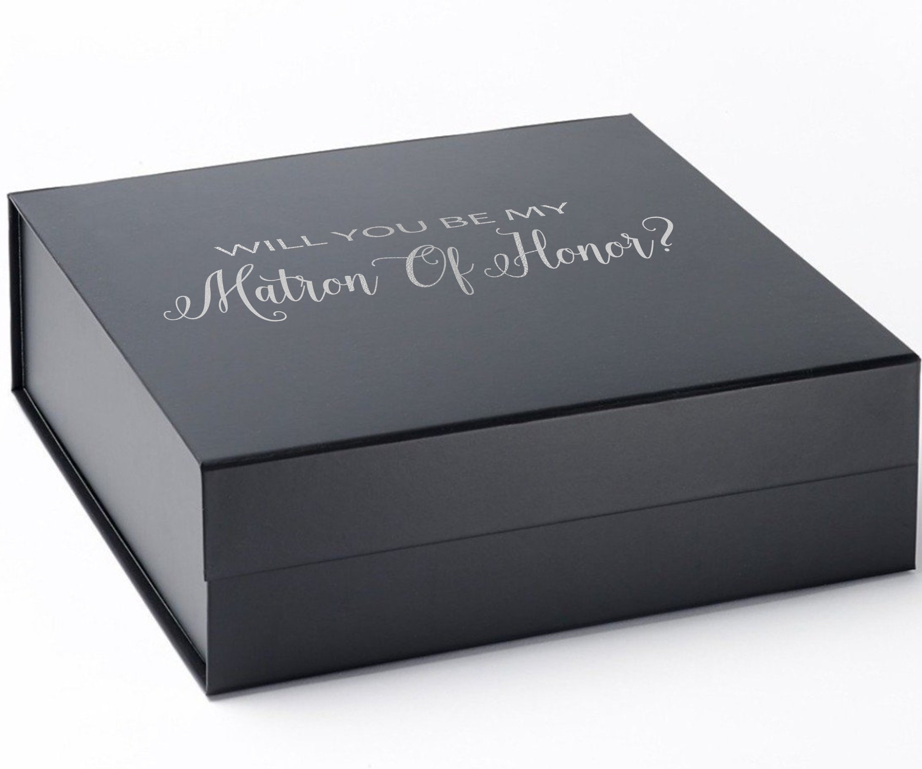 Elegant black proposal box with metallic writing for Matron of Honor, showcasing a sleek design and high-quality finish.