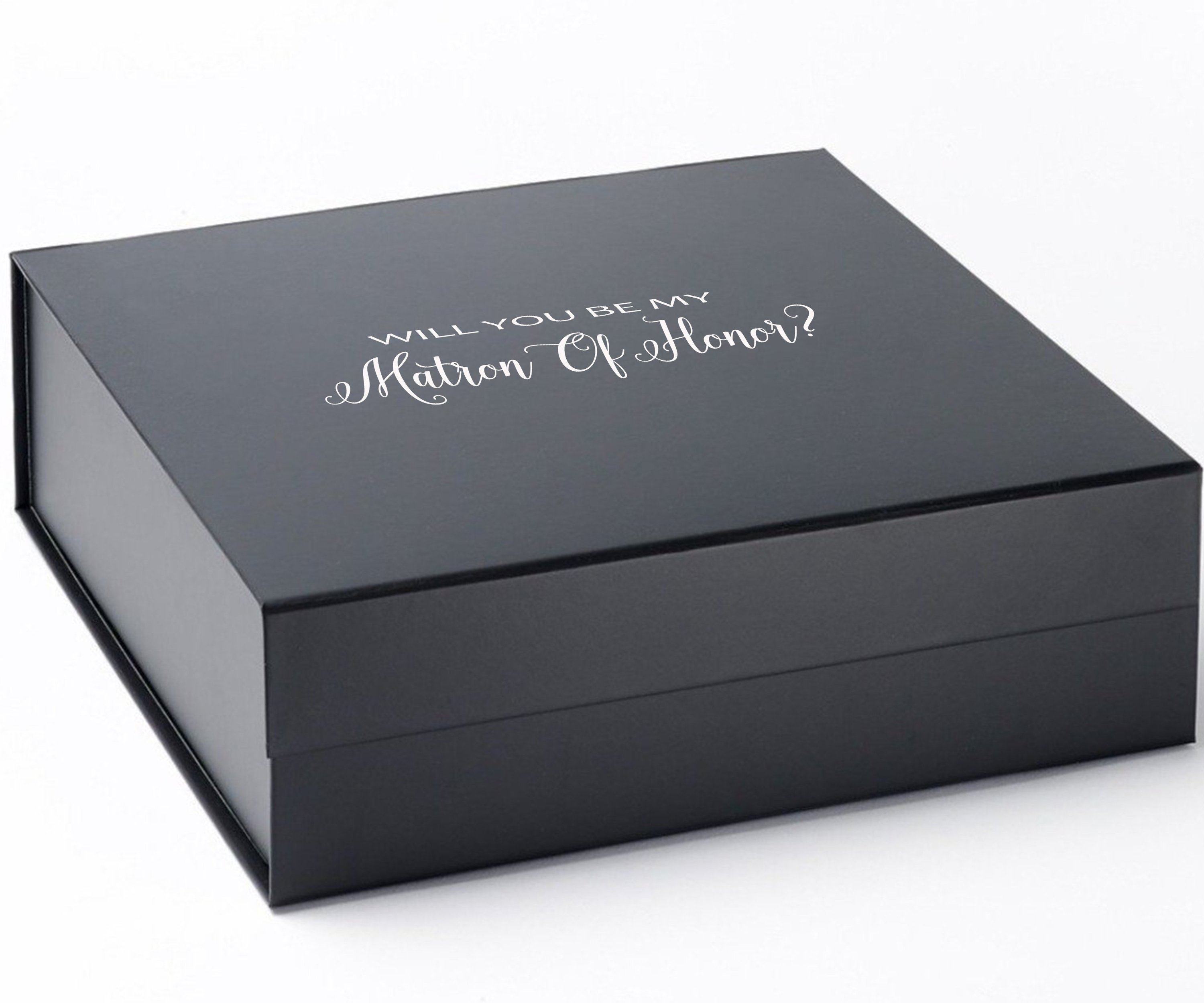 Elegant black proposal box with metallic writing for Matron of Honor, showcasing a sleek design and high-quality finish.