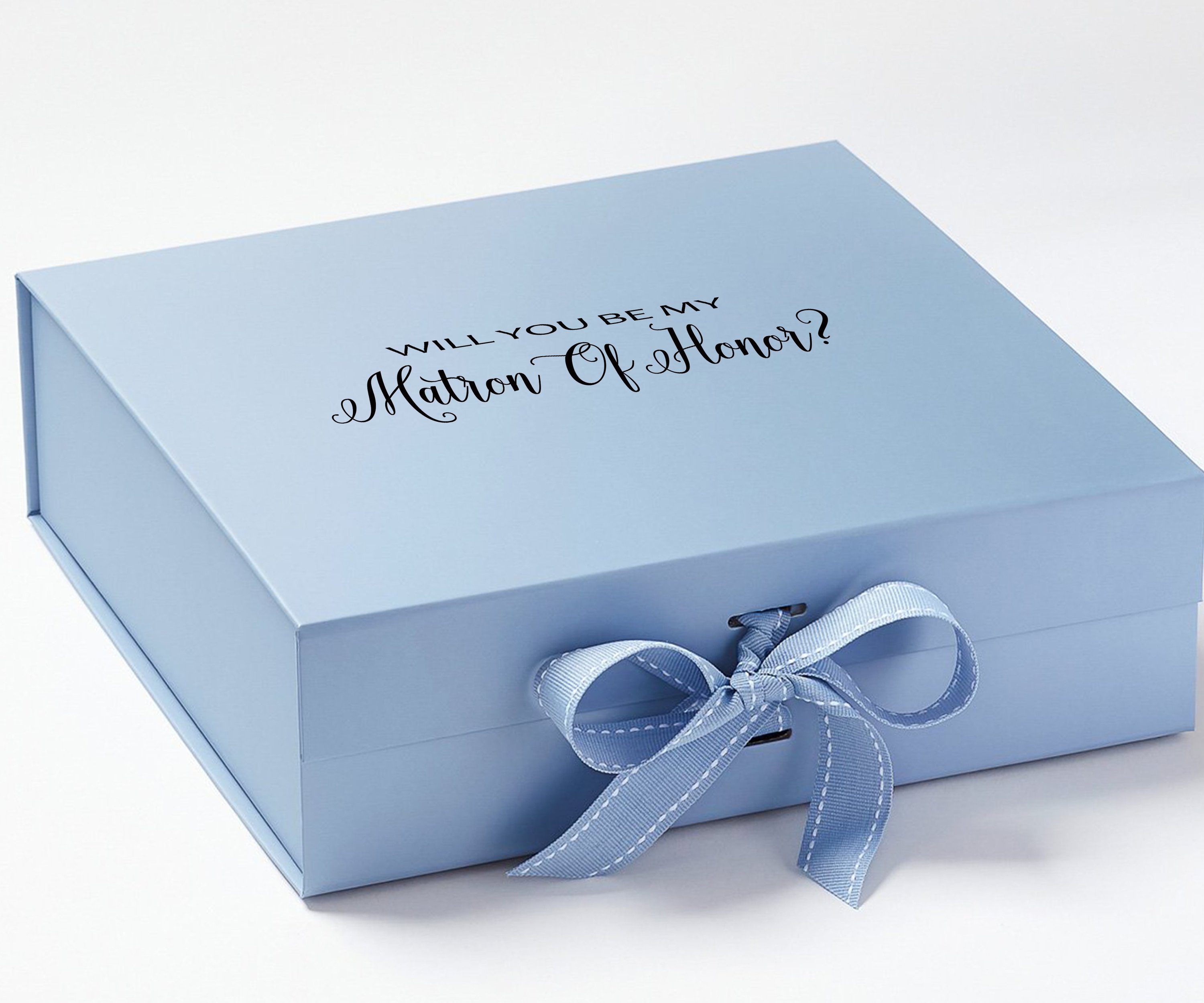 Light blue proposal box with metallic writing and bow, perfect for Matron of Honor proposal.