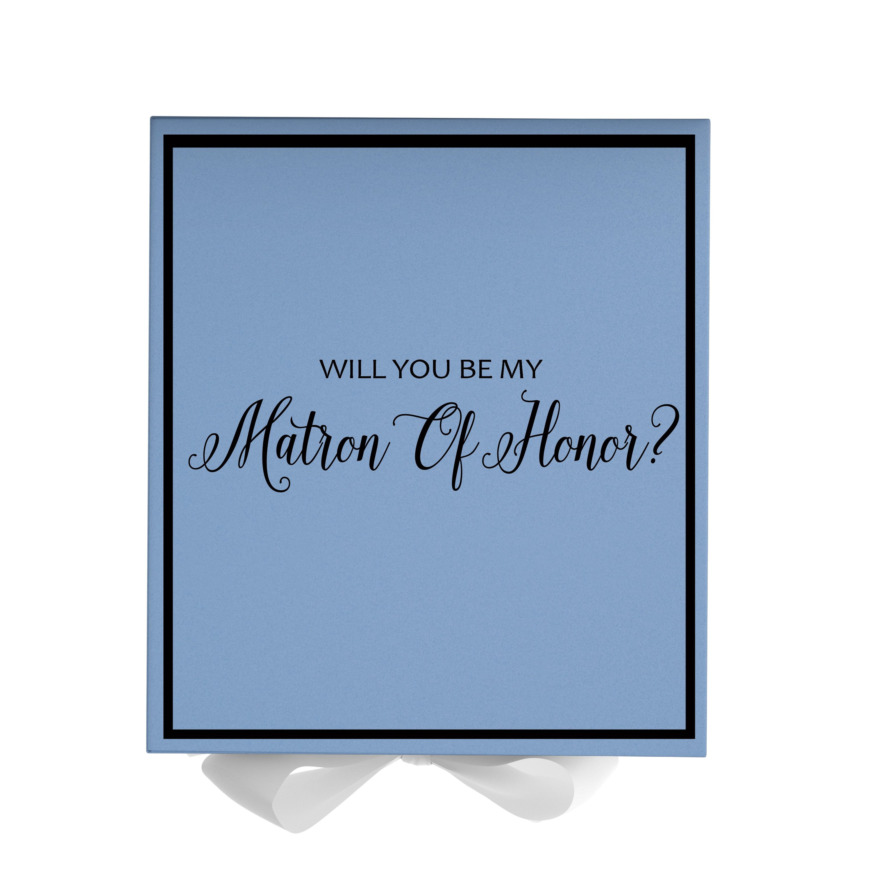 Light blue proposal box with white bow and metallic writing, perfect for asking someone to be Matron of Honor.