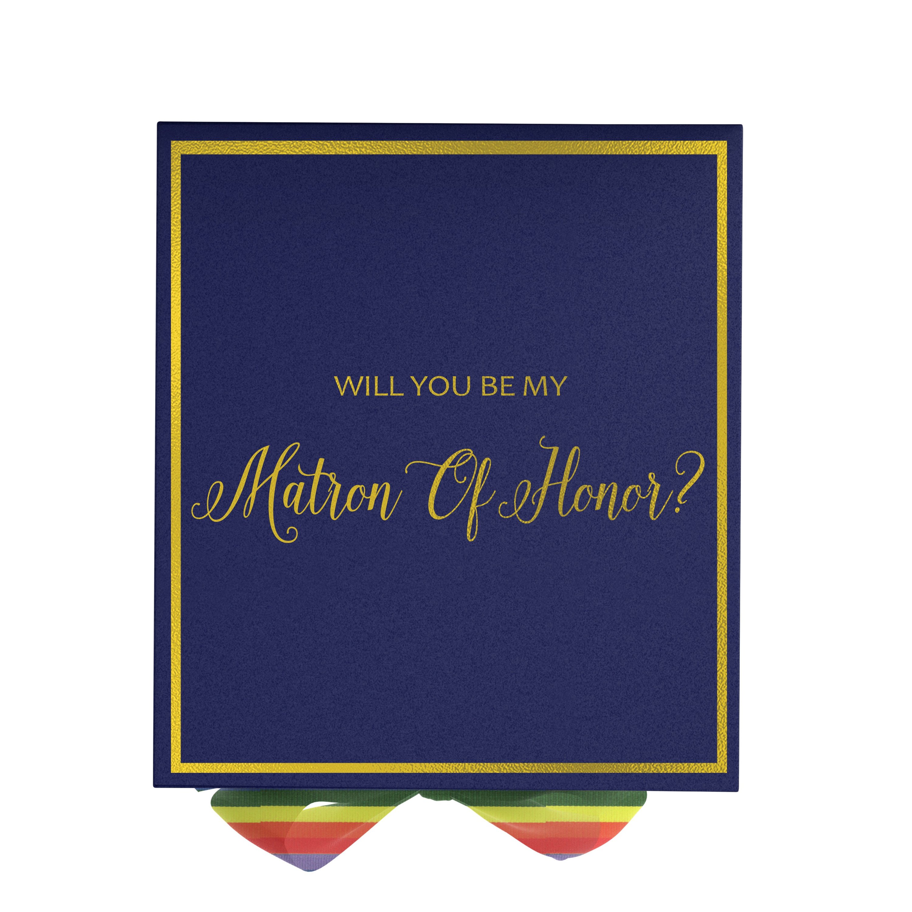 Navy proposal box with metallic writing and rainbow bow, showcasing elegant design and quality construction.