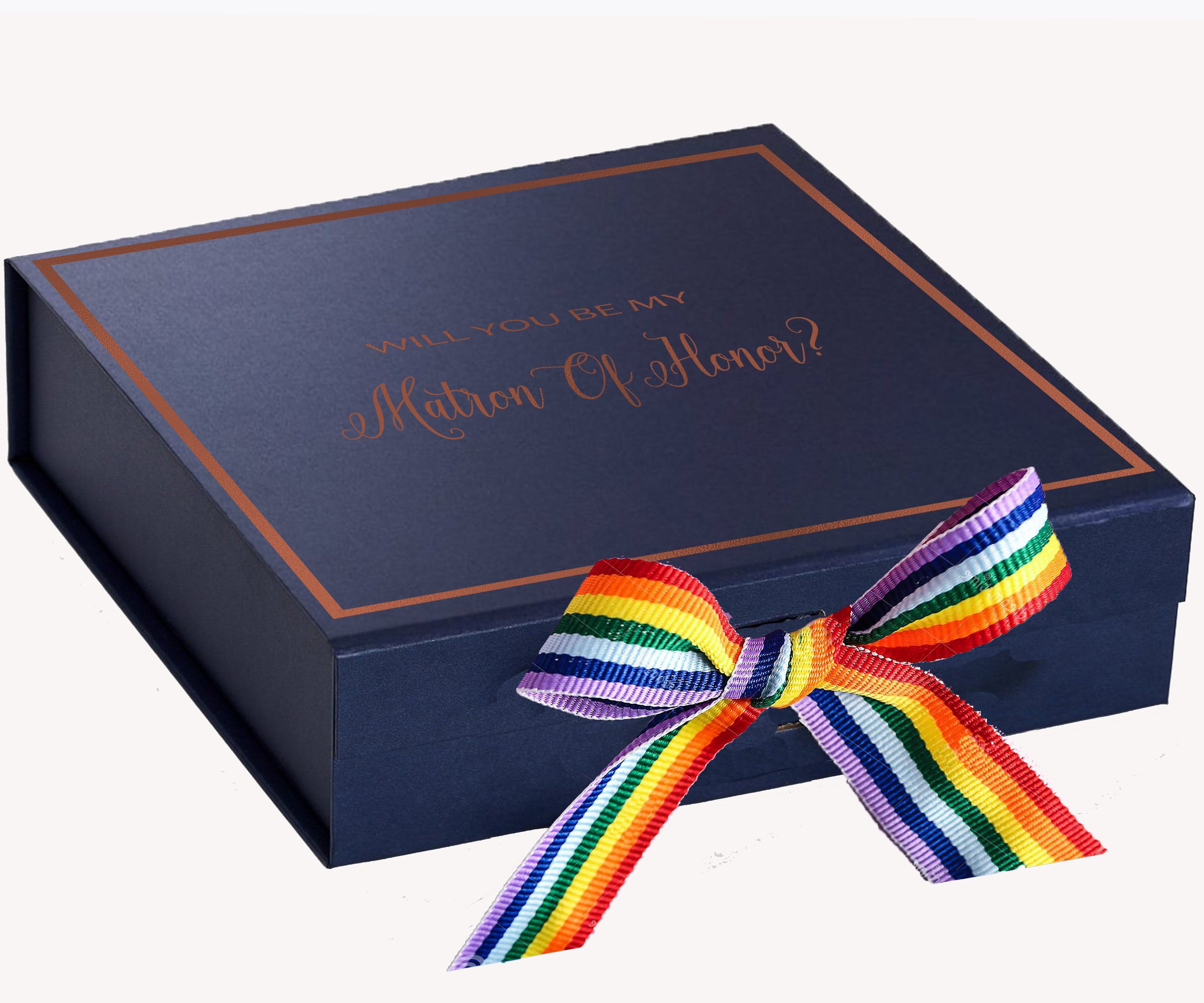 Navy proposal box with metallic writing and rainbow bow, showcasing elegant design and quality construction.