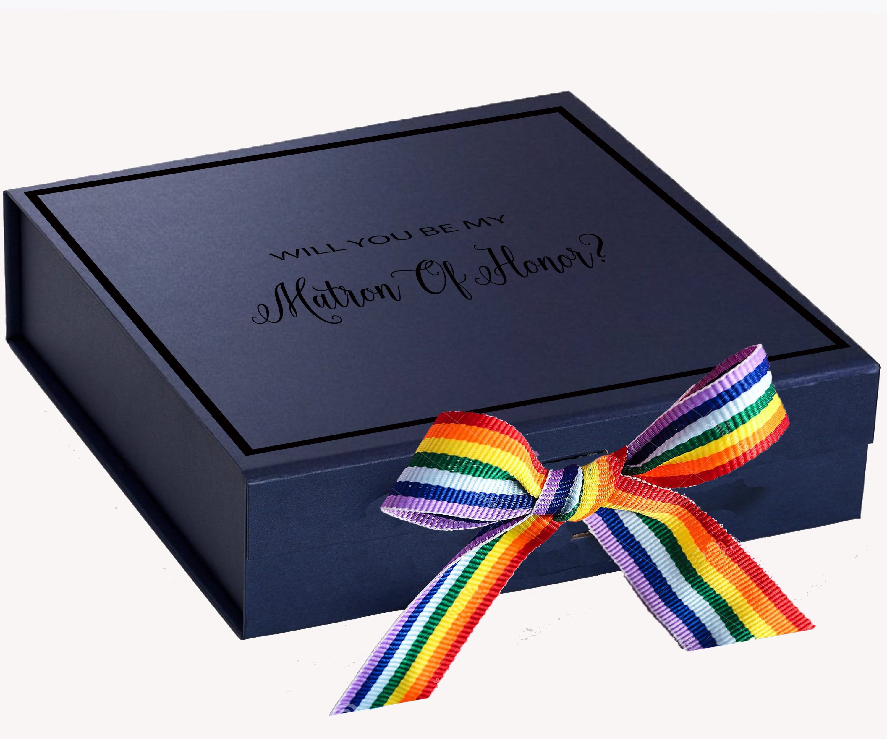 Navy proposal box with metallic writing and rainbow bow, showcasing elegant design and quality construction.