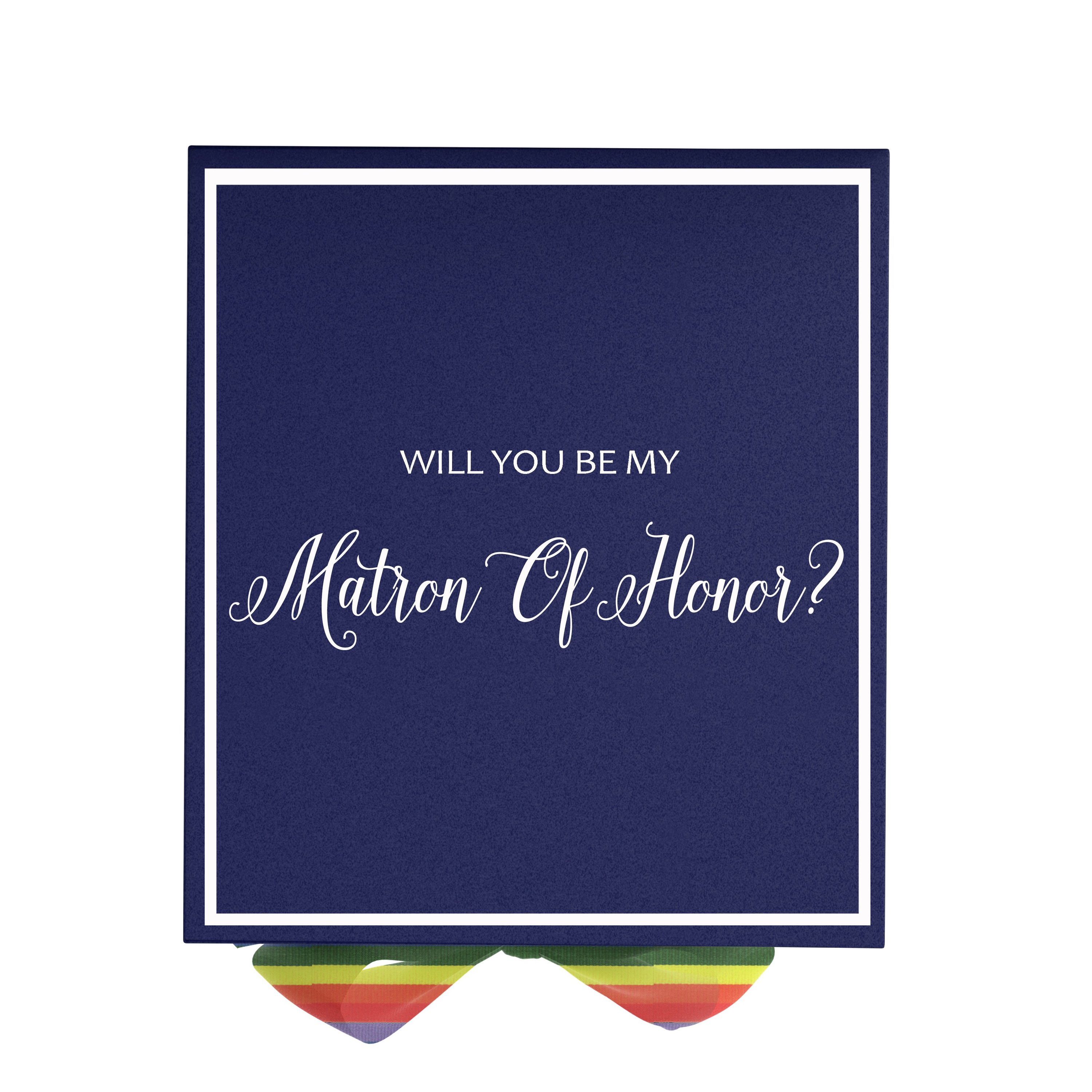 Navy proposal box with metallic writing and rainbow bow, showcasing elegant design and quality construction.
