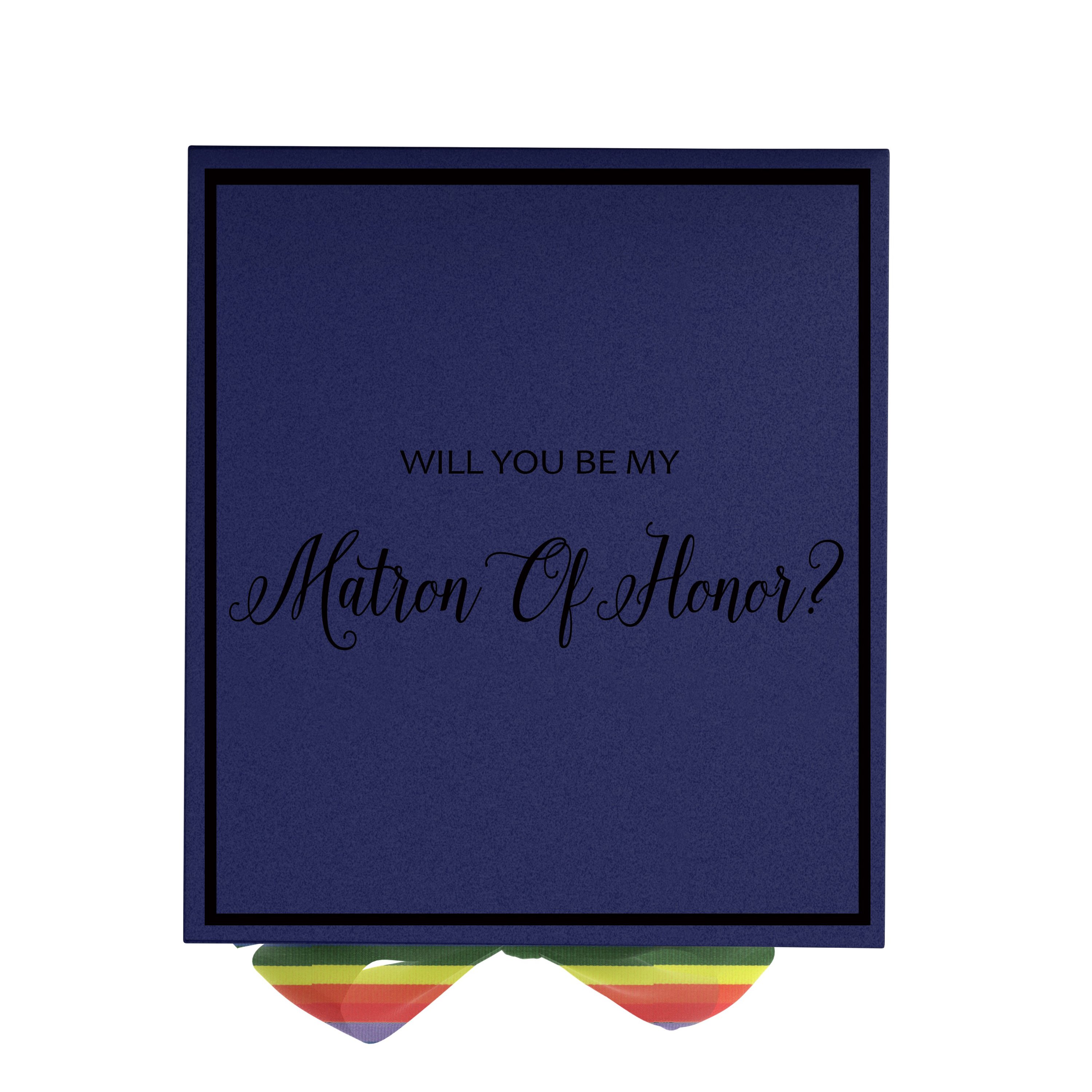 Navy proposal box with metallic writing and rainbow bow, showcasing elegant design and quality construction.