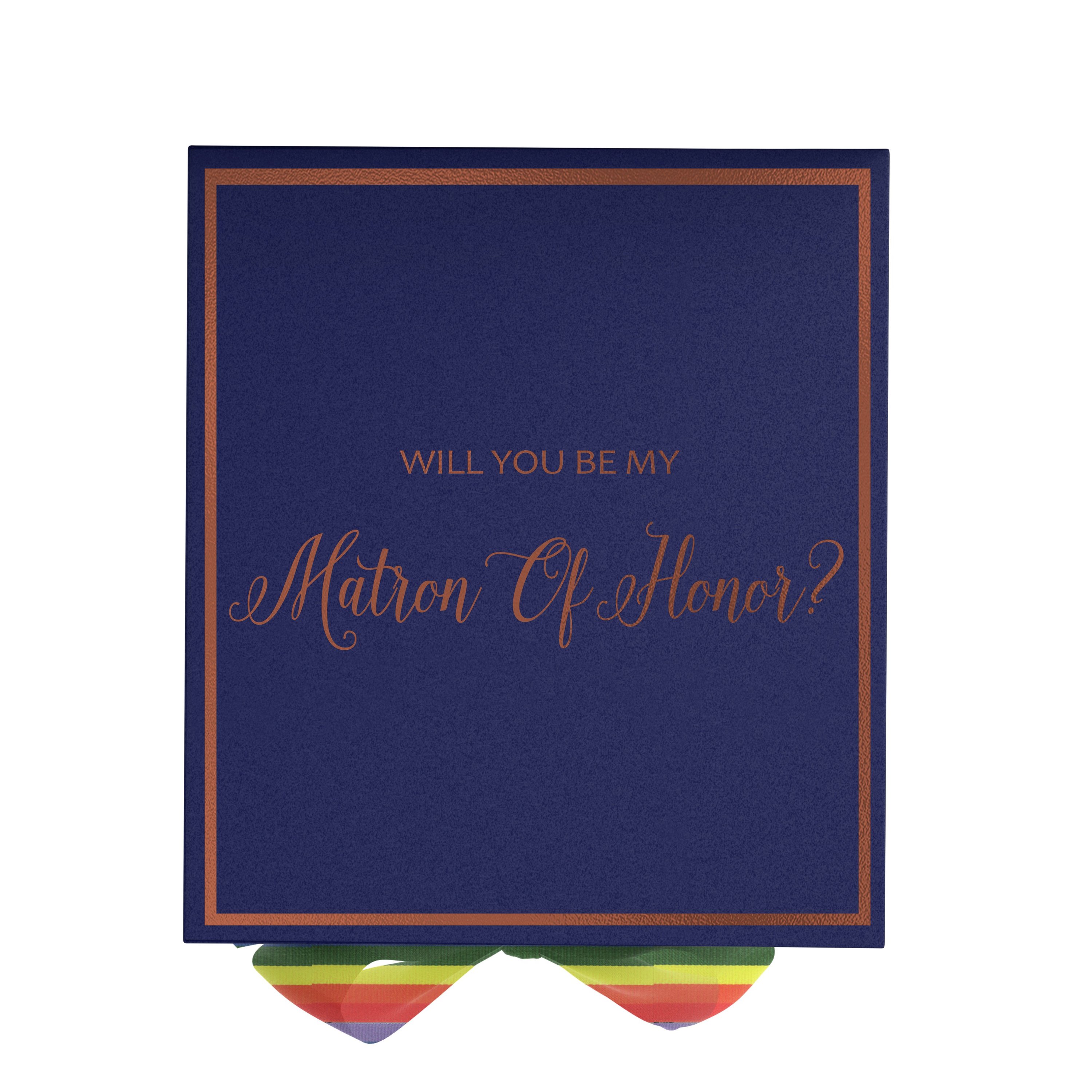 Navy proposal box with metallic writing and rainbow bow, showcasing elegant design and quality construction.