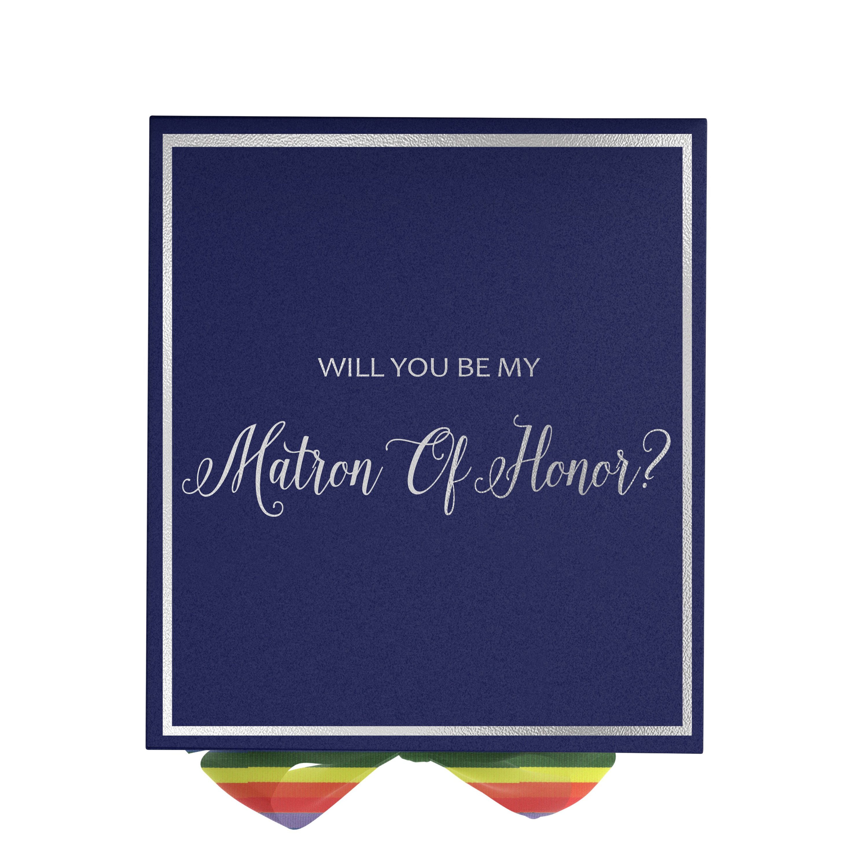 Navy proposal box with metallic writing and rainbow bow, showcasing elegant design and quality construction.
