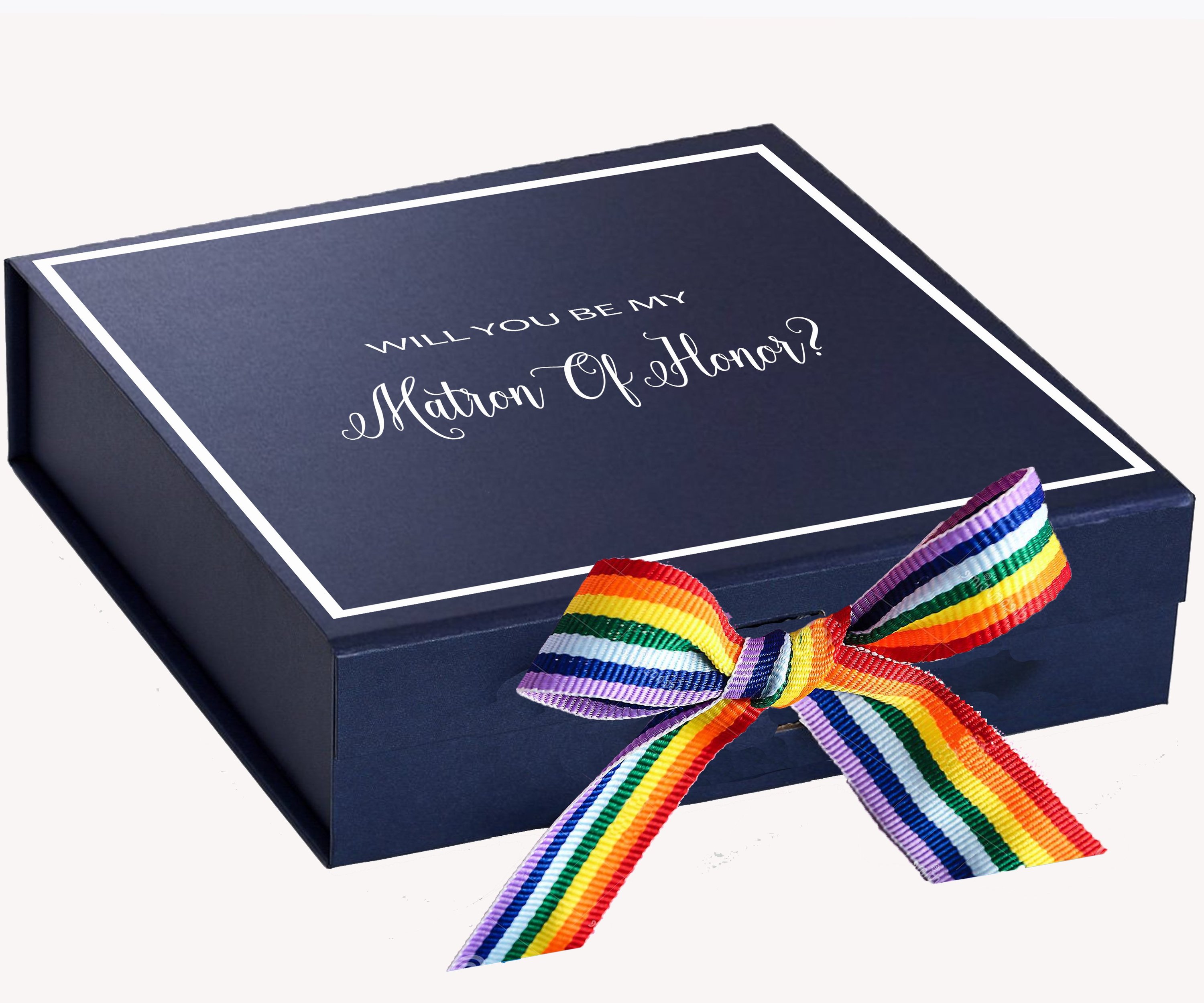 Navy proposal box with metallic writing and rainbow bow, showcasing elegant design and quality construction.