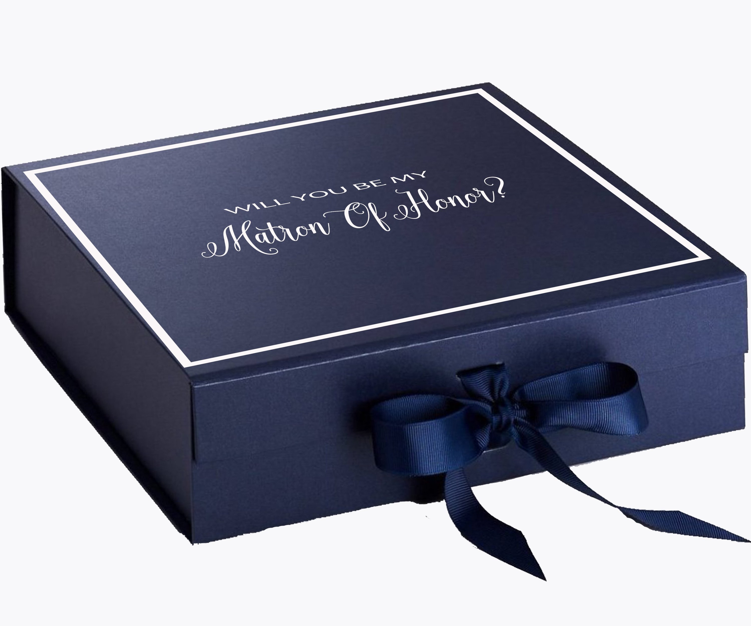 Navy proposal box with metallic writing and bow, perfect for Matron of Honor request.