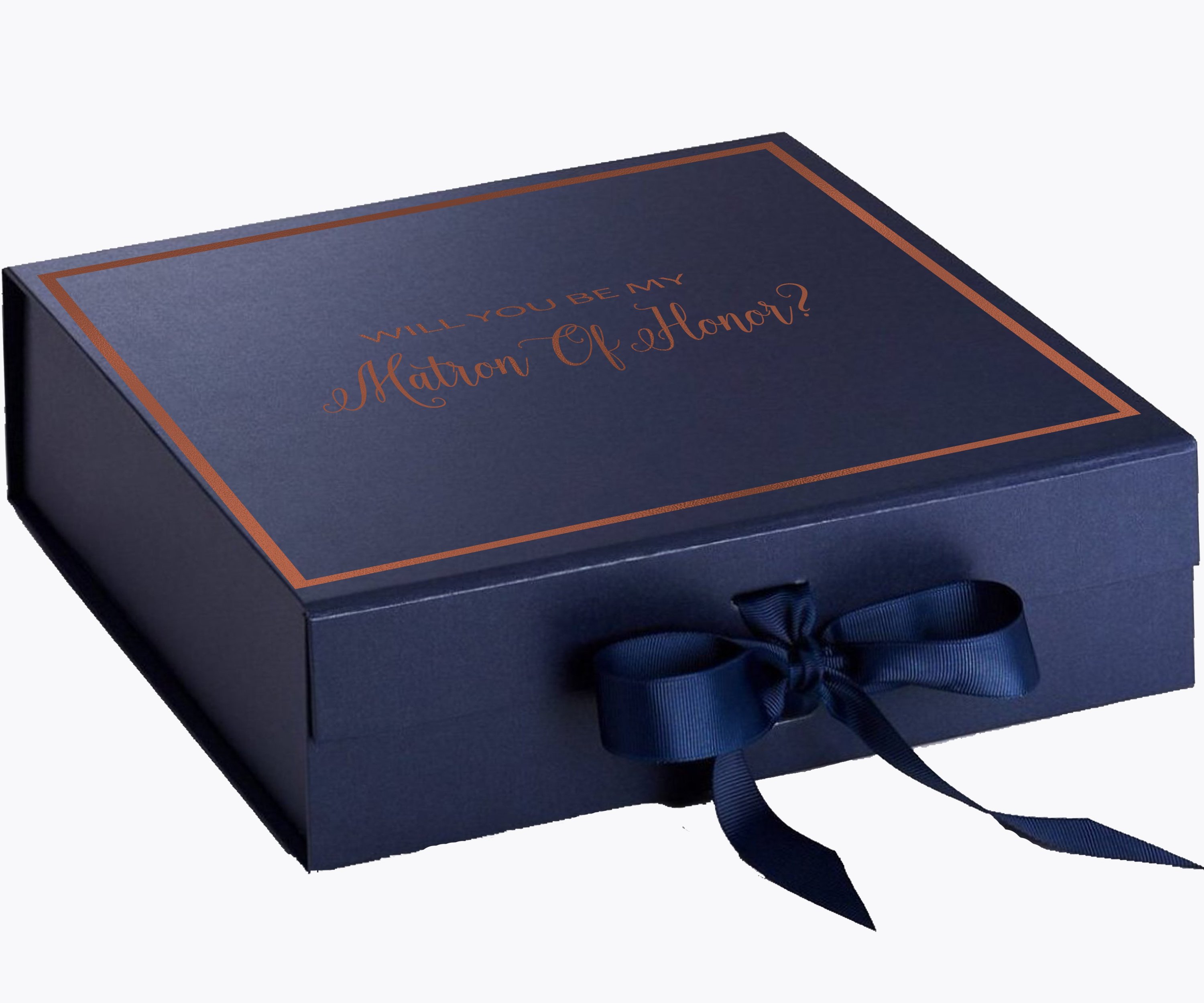 Navy proposal box with metallic writing and bow, perfect for Matron of Honor request.