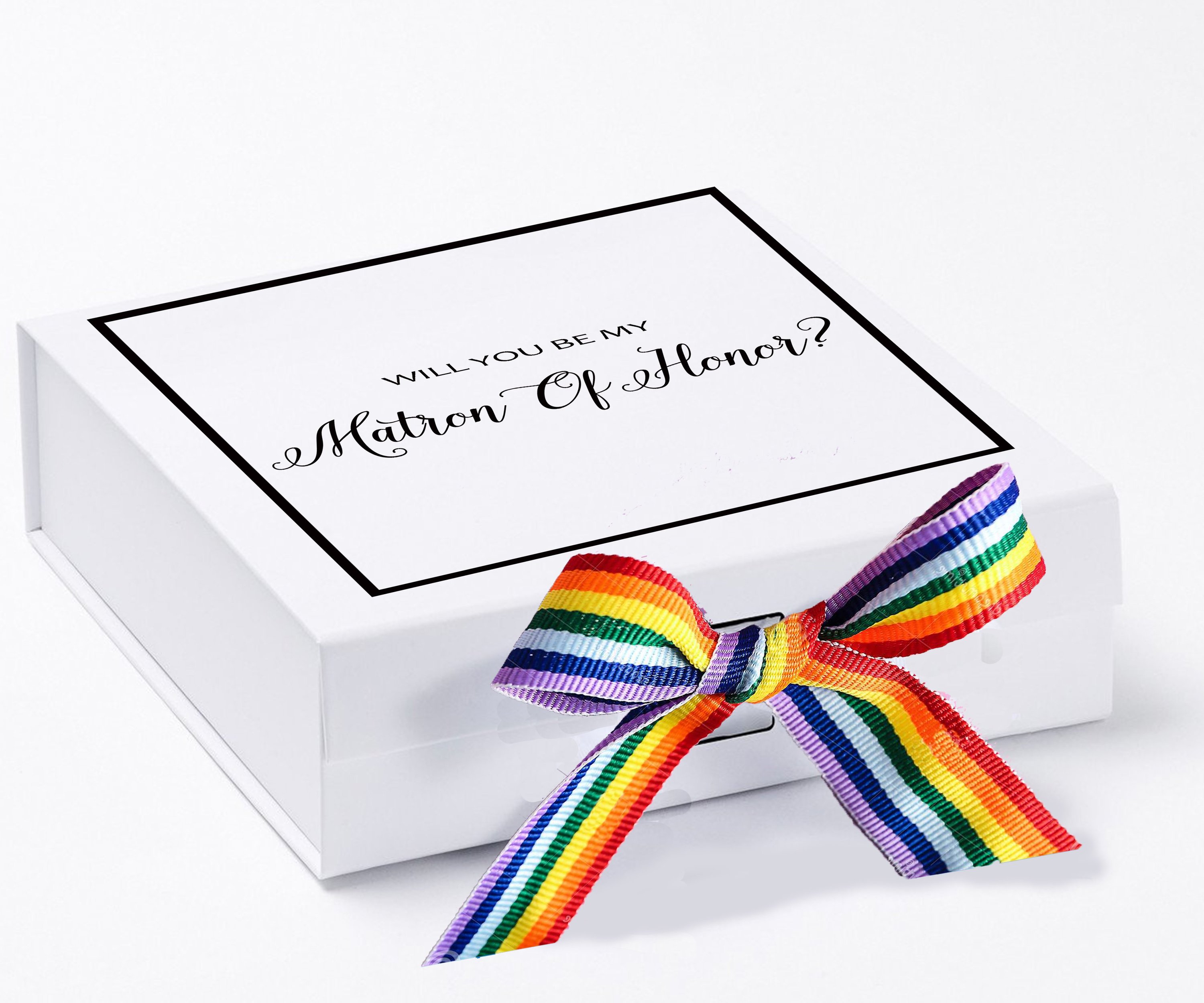Elegant white proposal box with metallic writing and rainbow bow, perfect for Matron of Honor proposal.