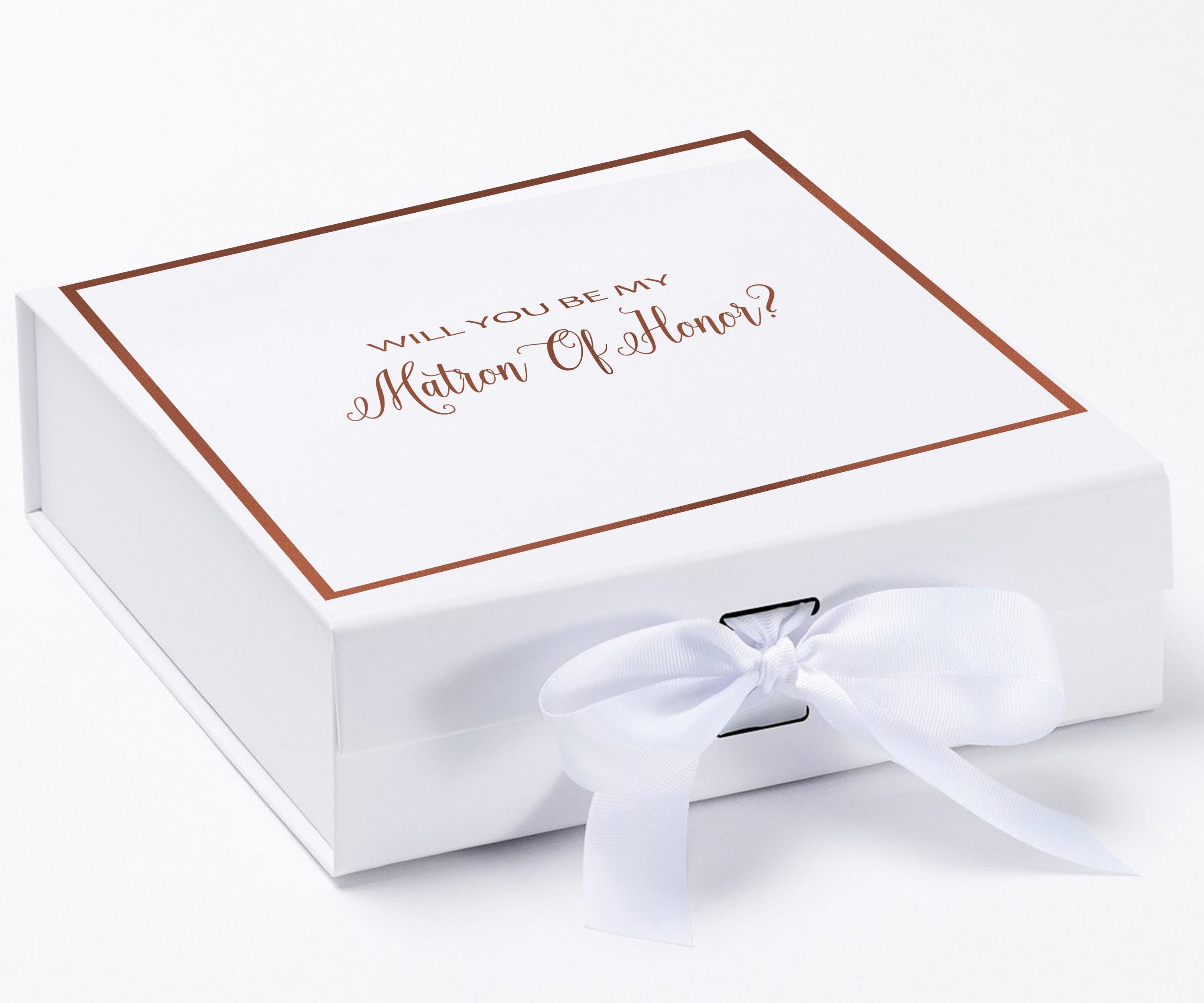 Elegant white proposal box with metallic writing and a white bow, perfect for asking your Matron of Honor.