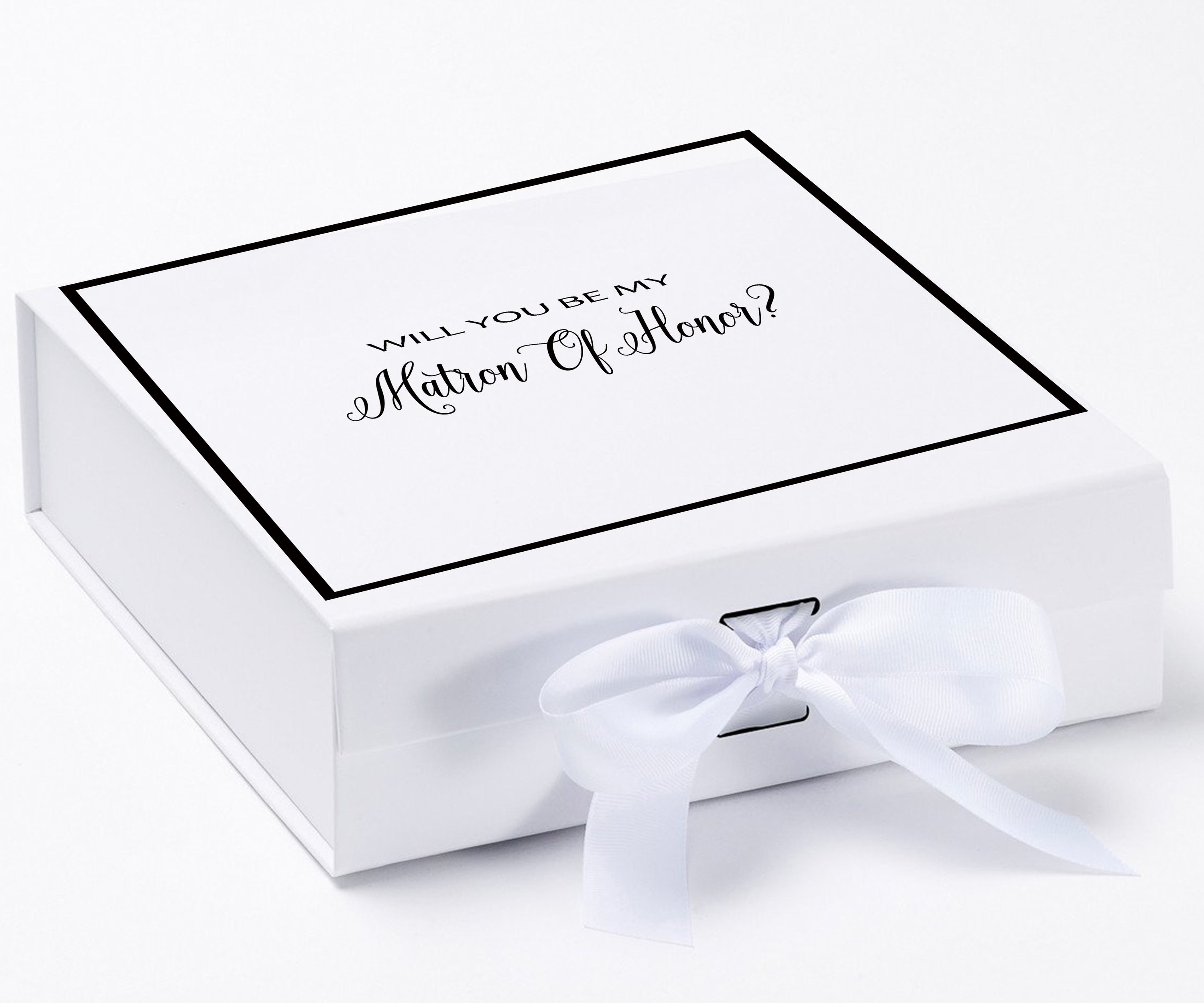 Elegant white proposal box with metallic writing and a white bow, perfect for asking your Matron of Honor.