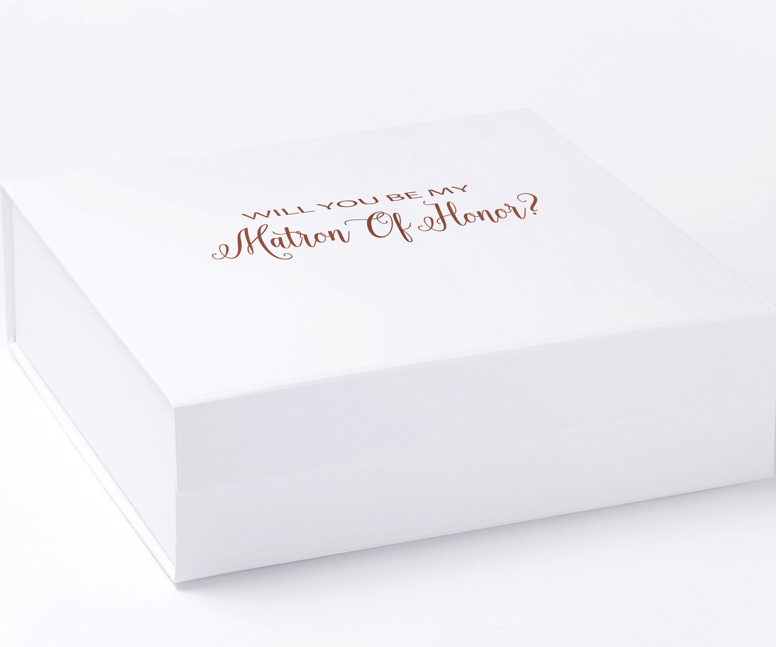 Elegant white proposal box with metallic writing, available in three sizes for gifting.