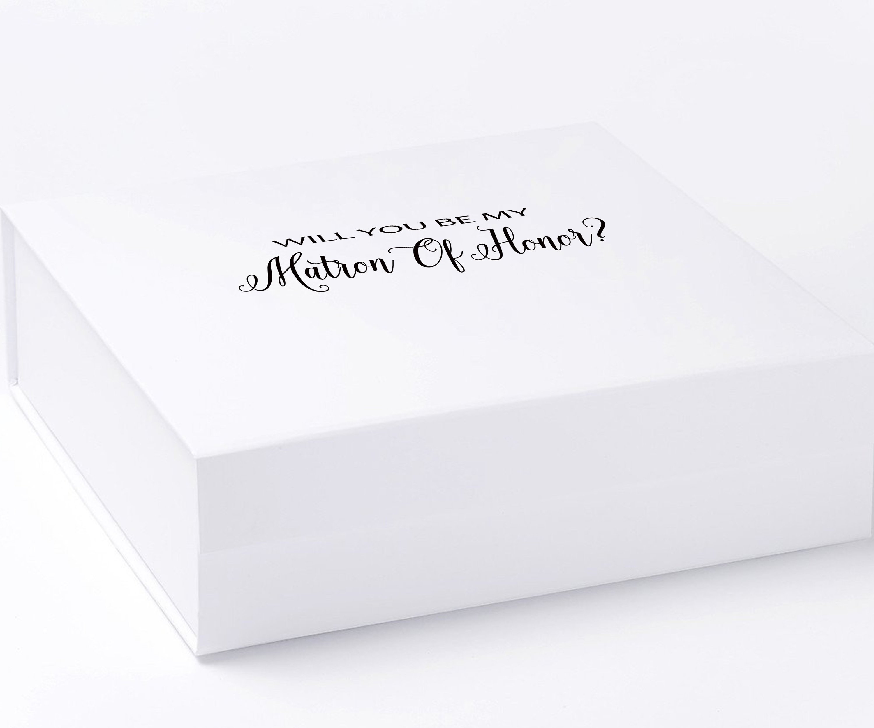 Elegant white proposal box with metallic writing, available in three sizes for gifting.