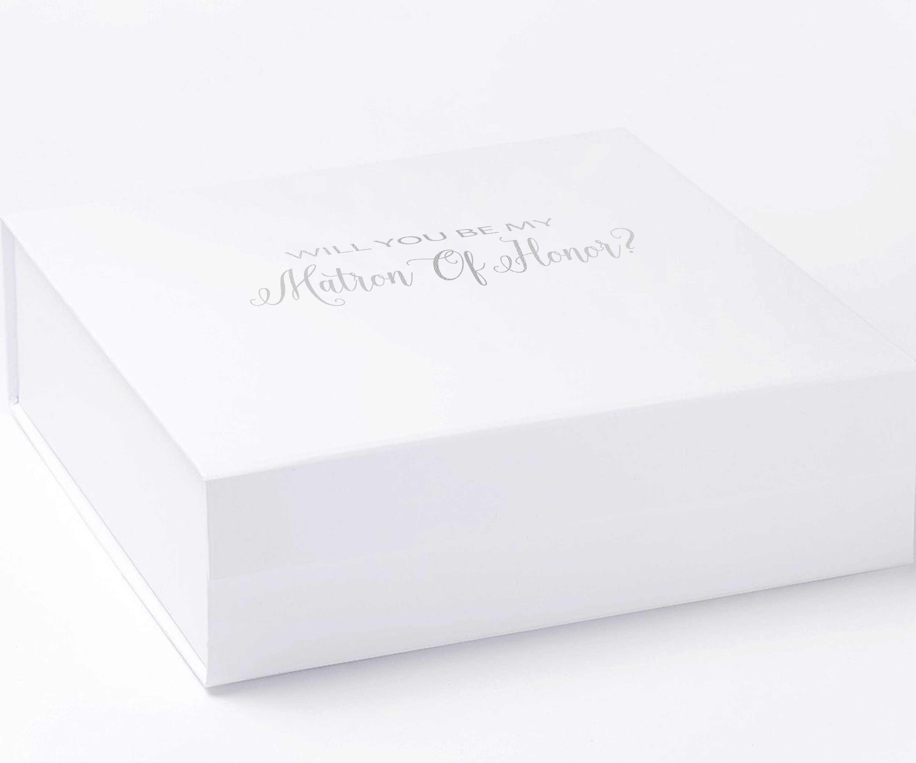 Elegant white proposal box with metallic writing, available in three sizes for gifting.