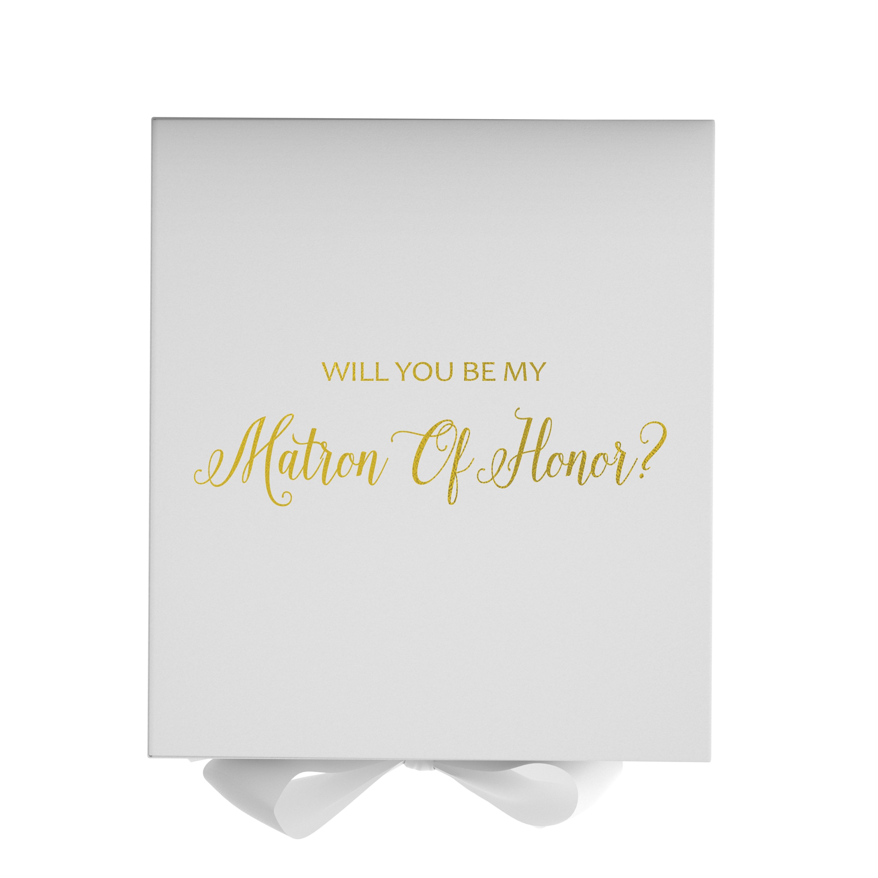Elegant white proposal box with metallic writing and a white bow, designed for Matron of Honor proposals.