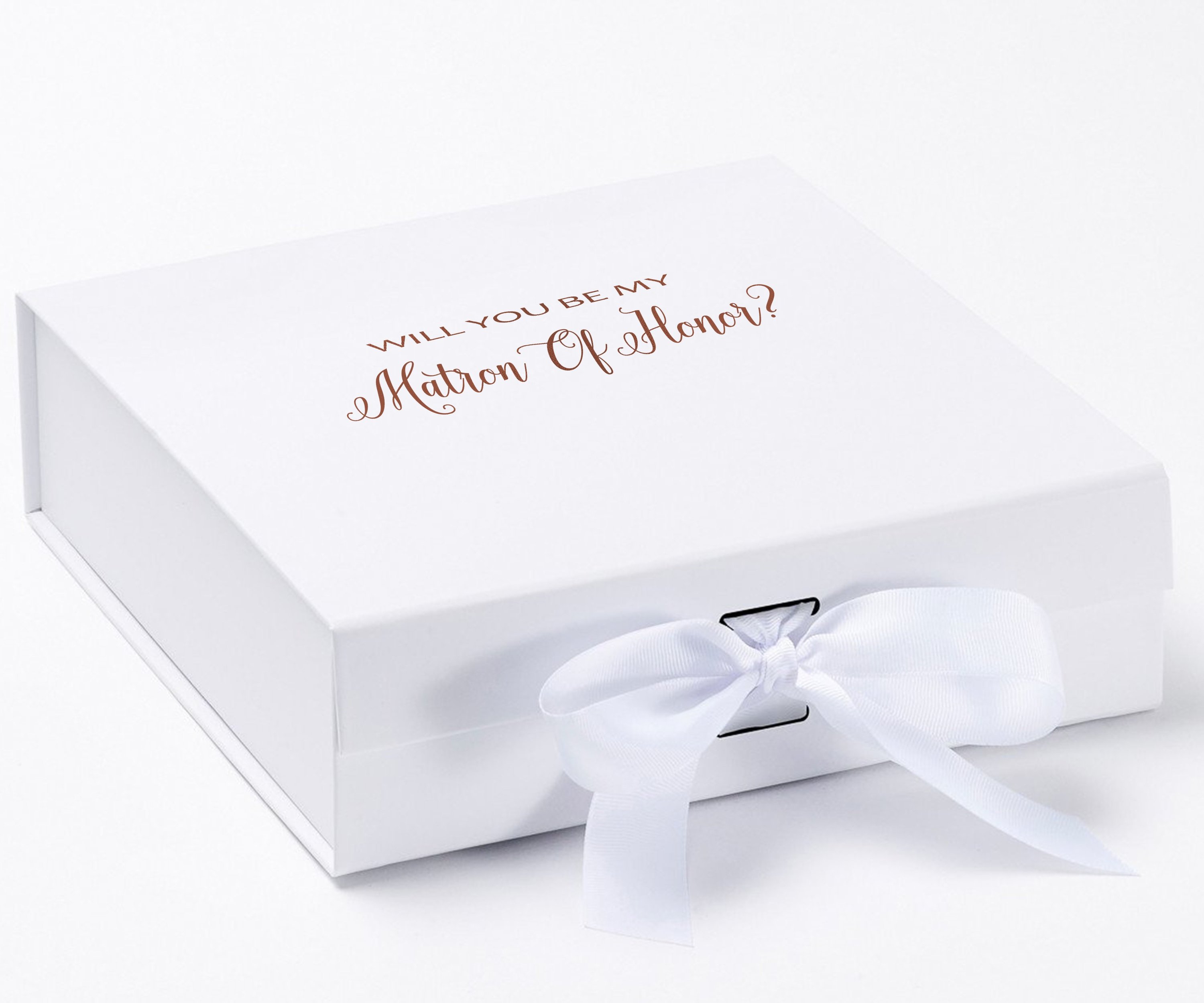 Elegant white proposal box with metallic writing and a white bow, designed for Matron of Honor proposals.