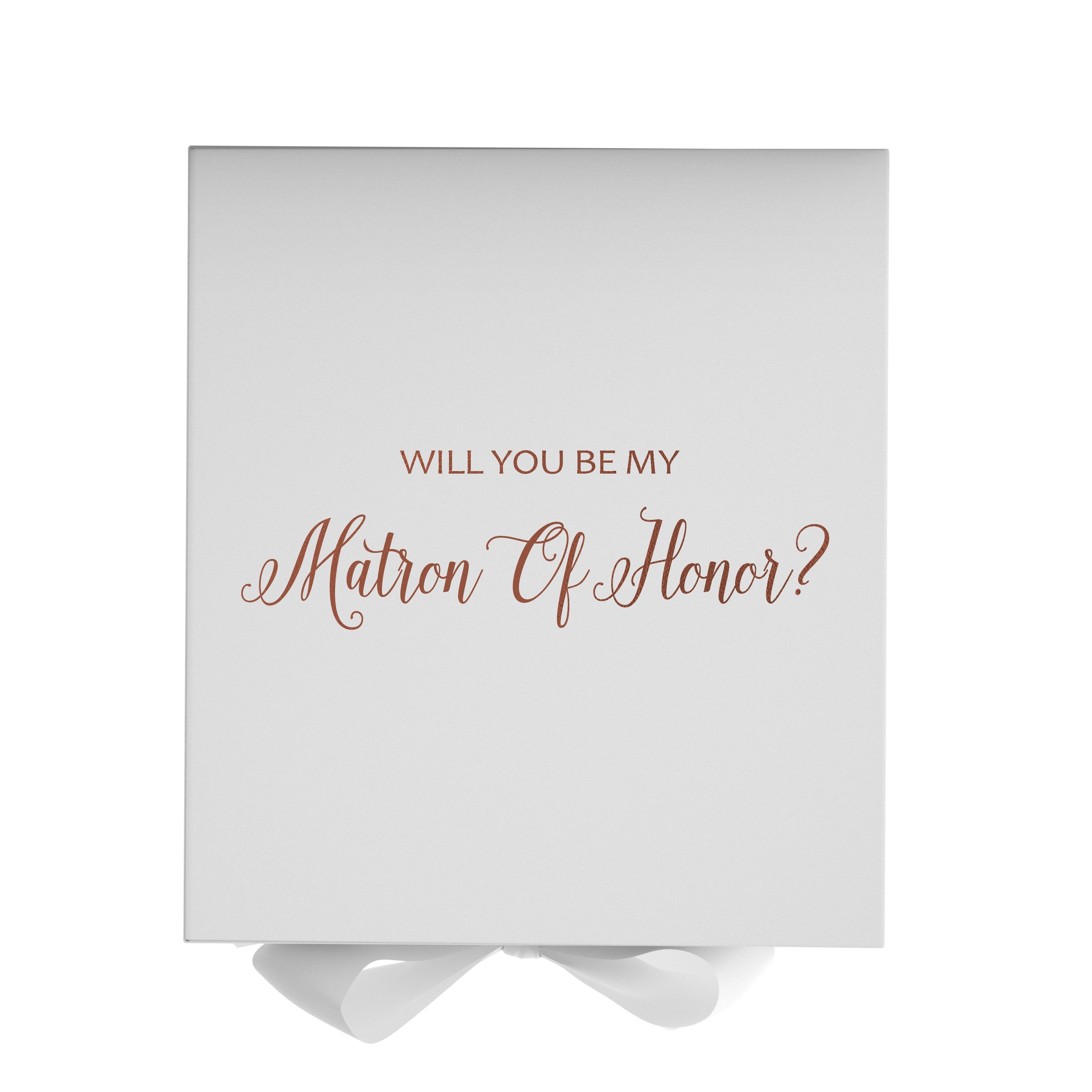 Elegant white proposal box with metallic writing and a white bow, designed for Matron of Honor proposals.