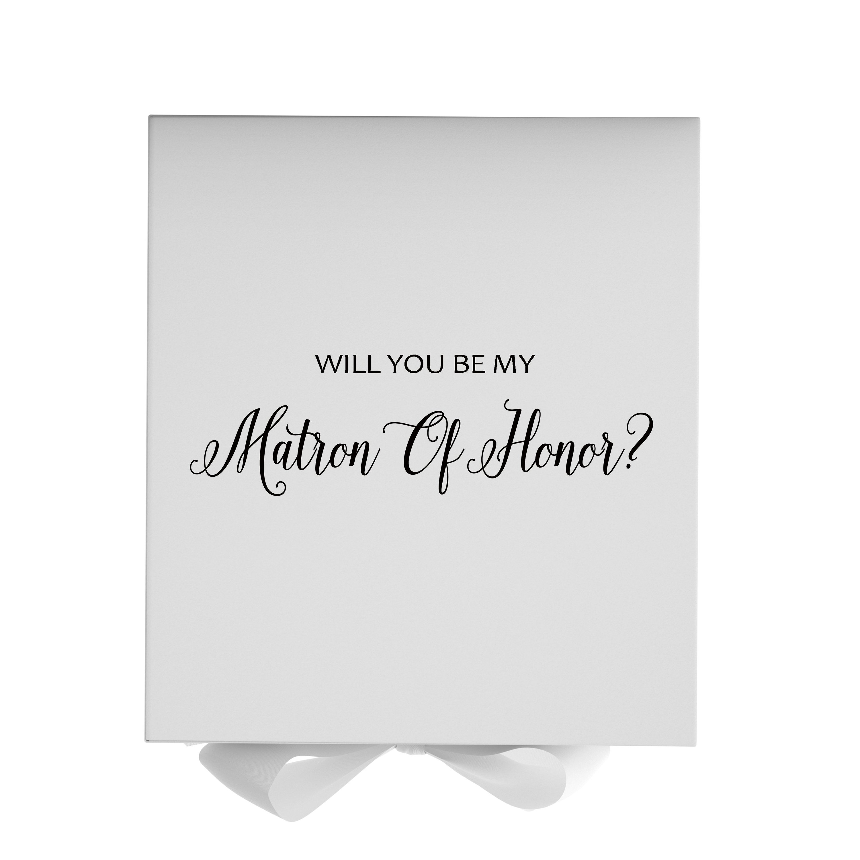 Elegant white proposal box with metallic writing and a white bow, designed for Matron of Honor proposals.