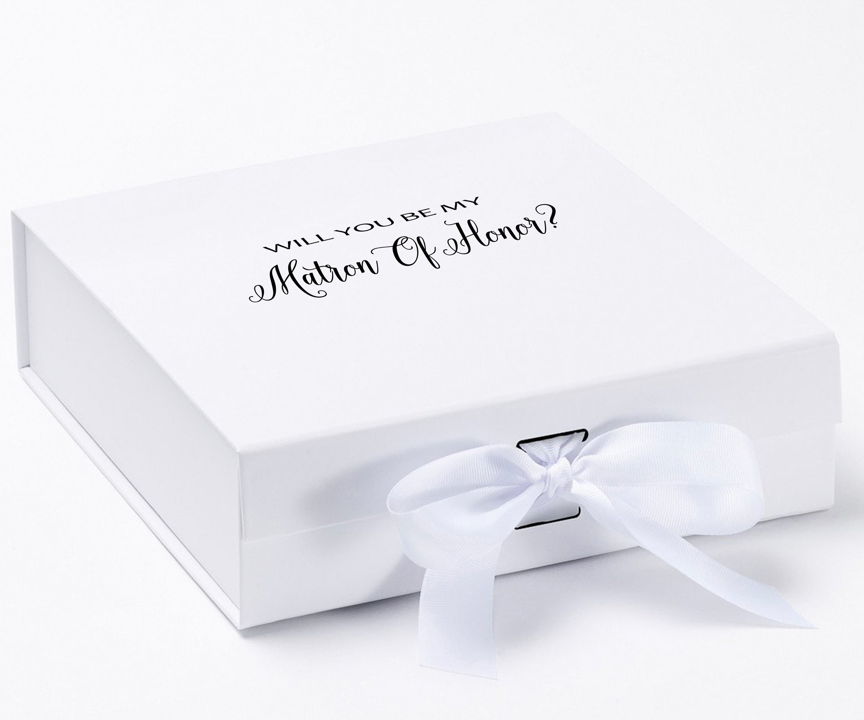 Elegant white proposal box with metallic writing and a white bow, designed for Matron of Honor proposals.