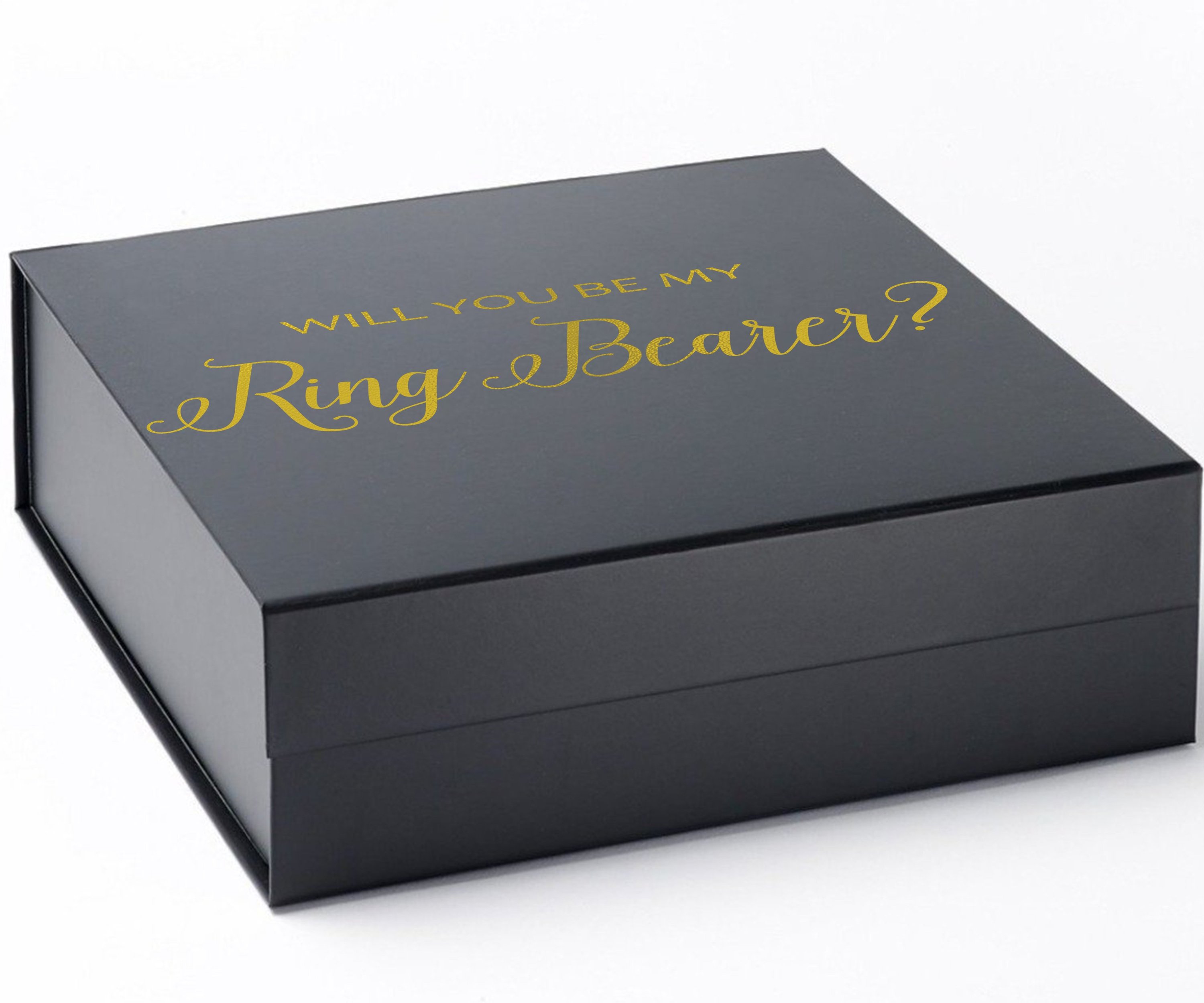 Elegant black proposal box with metallic writing, showcasing a sleek design without borders or ribbons.