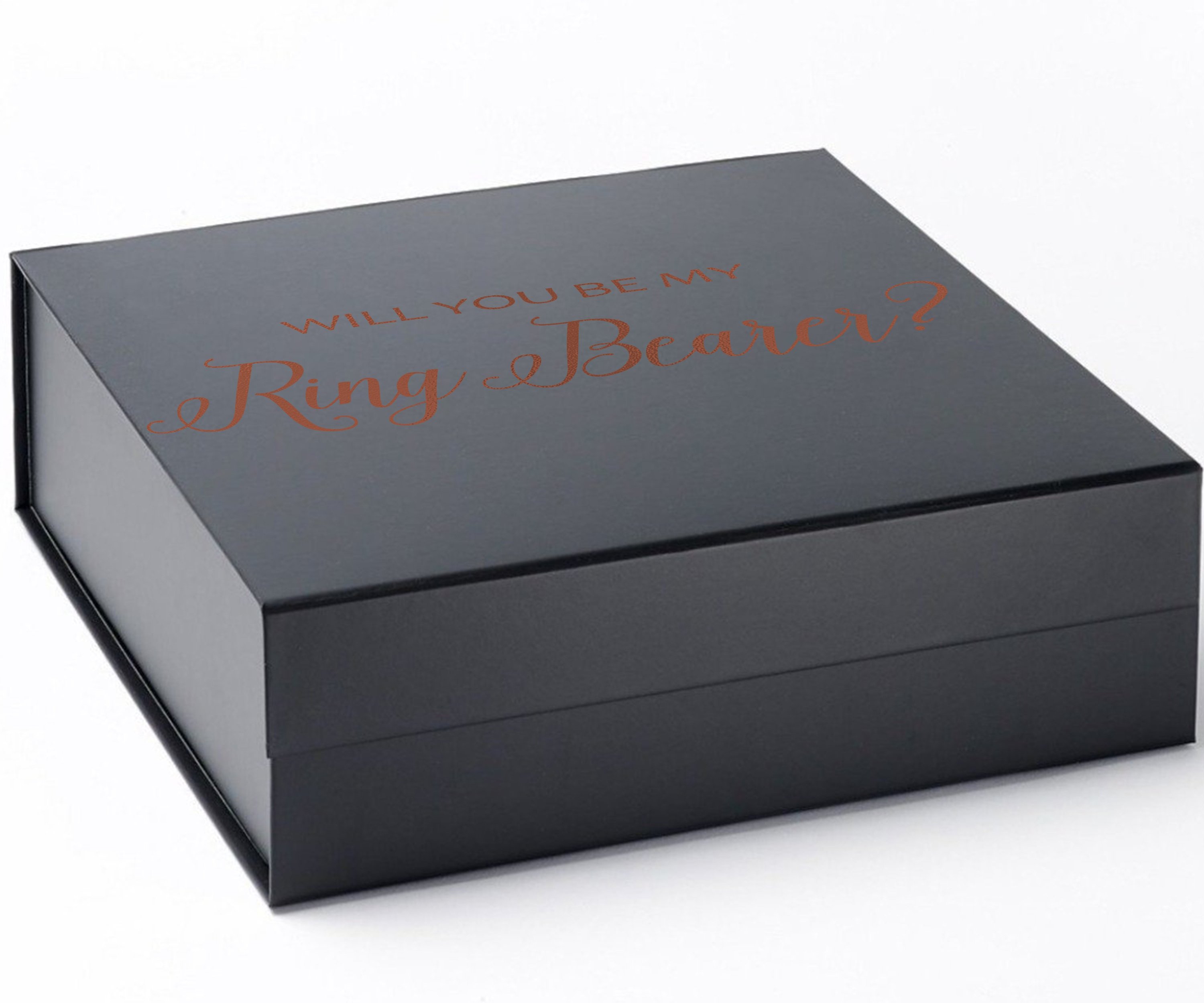 Elegant black proposal box with metallic writing, showcasing a sleek design without borders or ribbons.