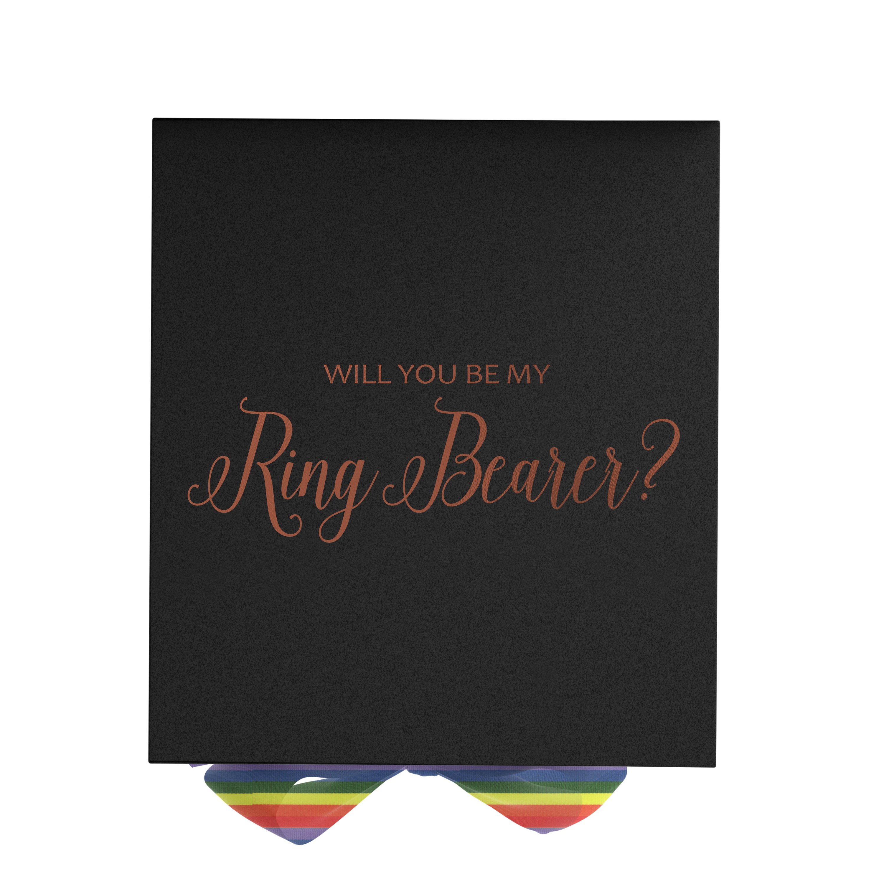 Elegant black proposal box with metallic writing and rainbow bow, showcasing a luxurious design.