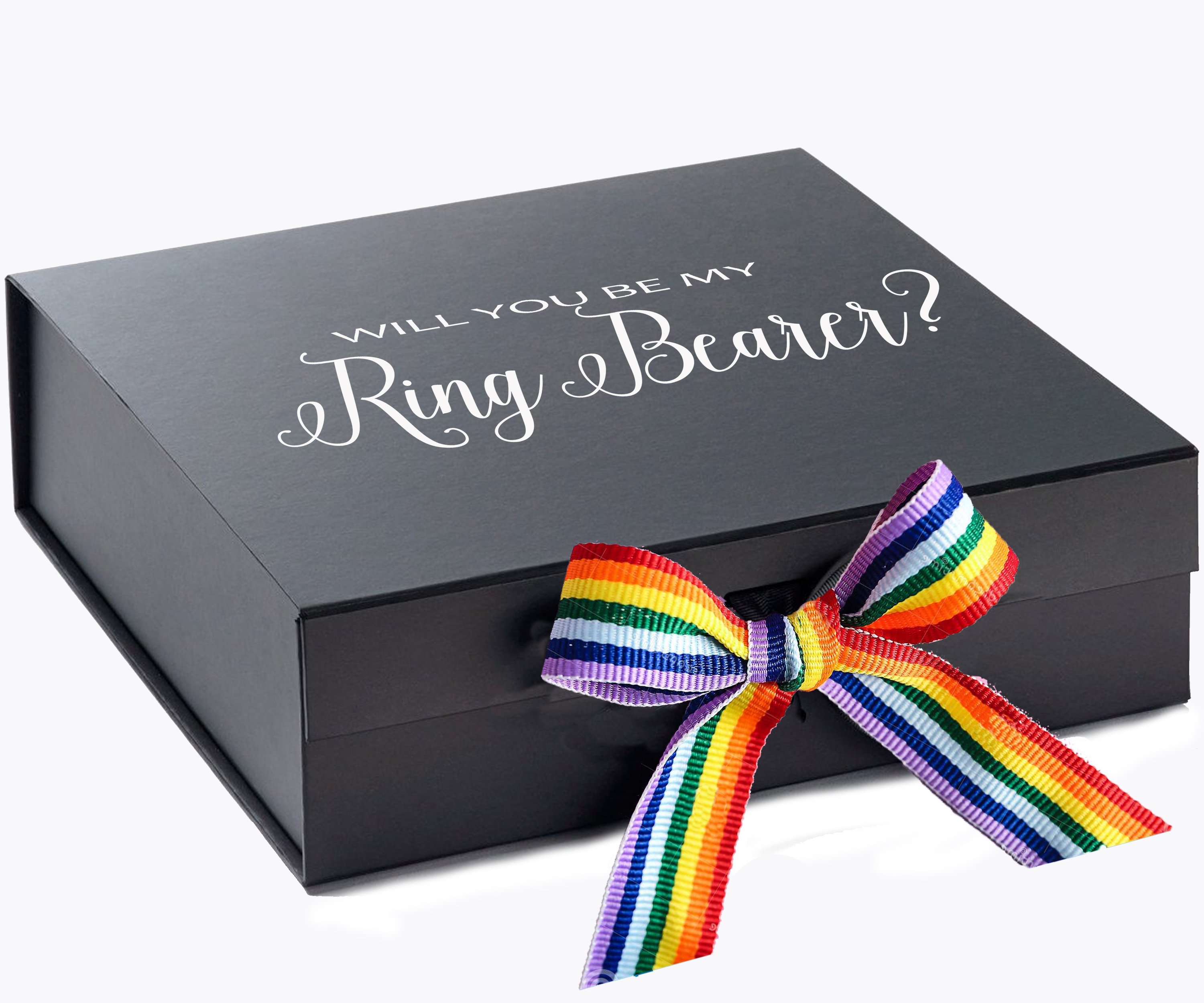 Elegant black proposal box with metallic writing and rainbow bow, showcasing a luxurious design.