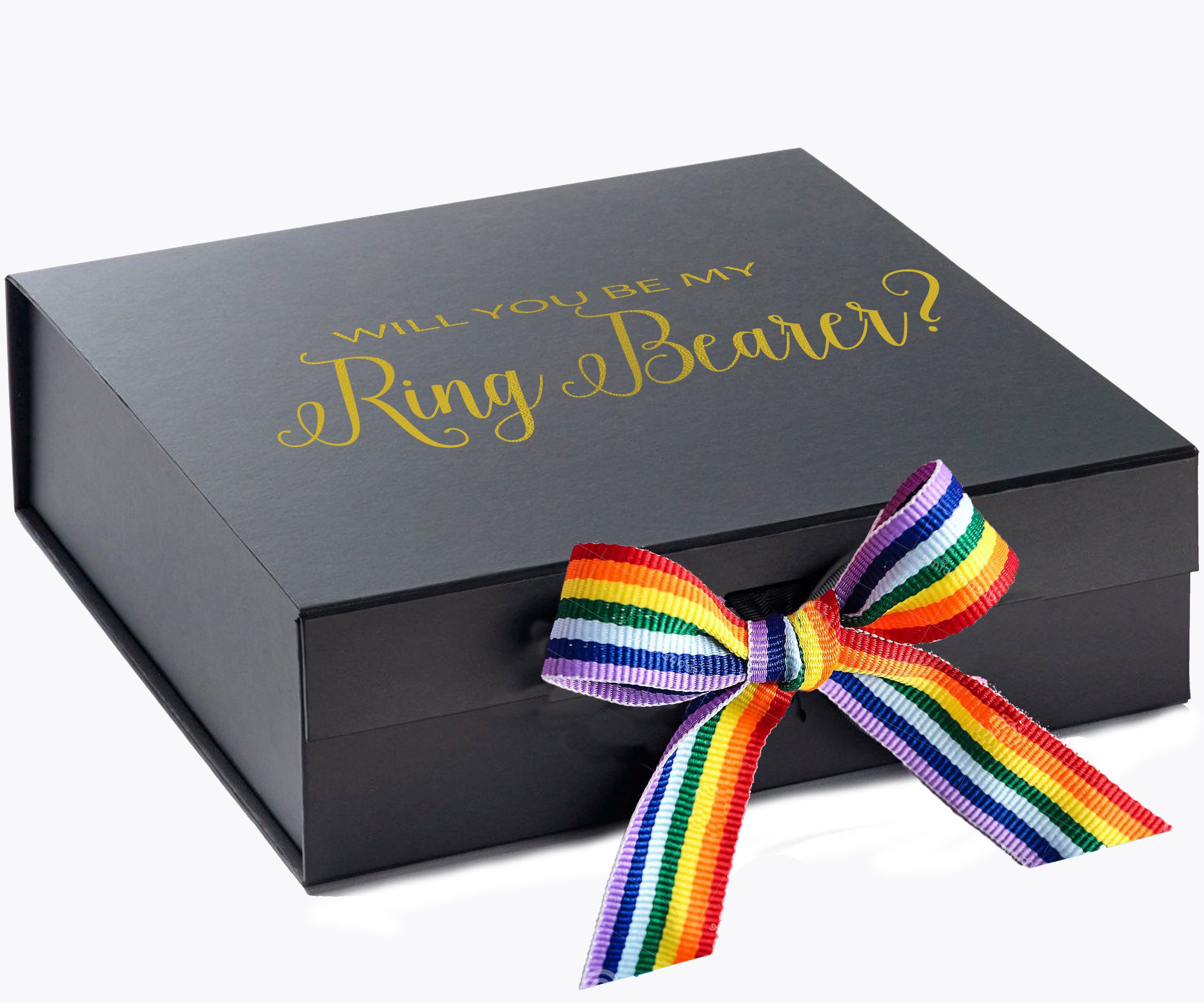 Elegant black proposal box with metallic writing and rainbow bow, showcasing a luxurious design.
