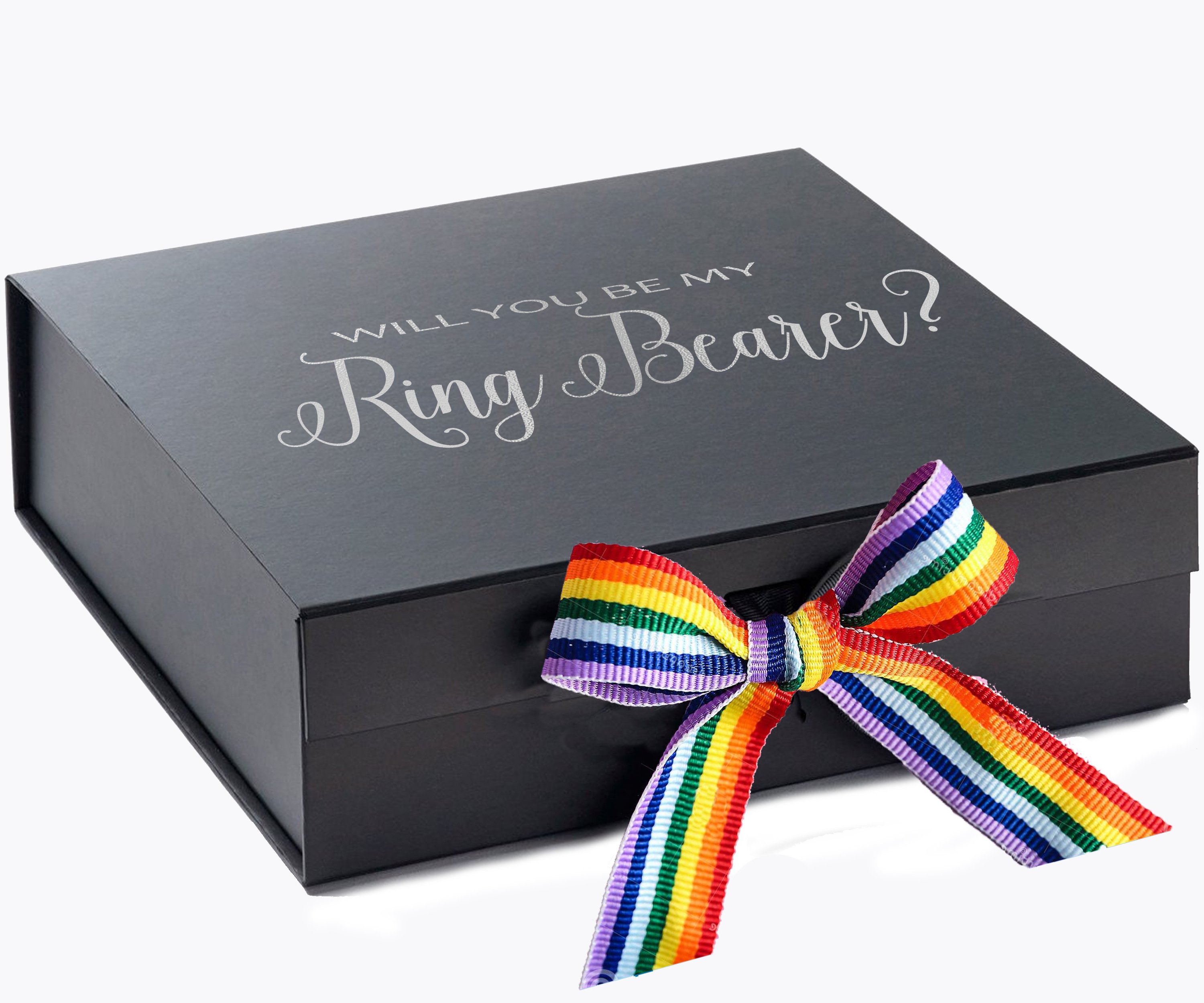 Elegant black proposal box with metallic writing and rainbow bow, showcasing a luxurious design.