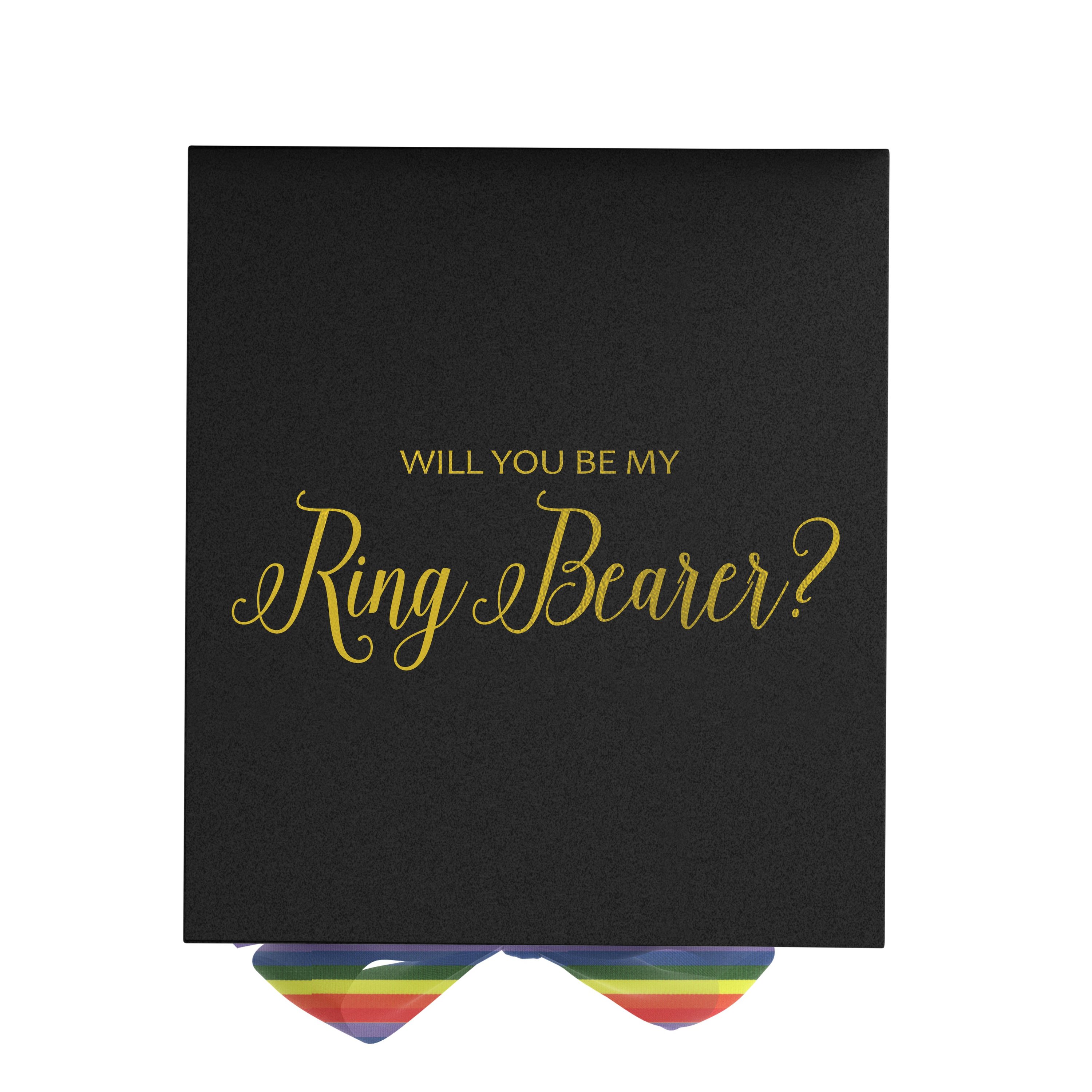Elegant black proposal box with metallic writing and rainbow bow, showcasing a luxurious design.