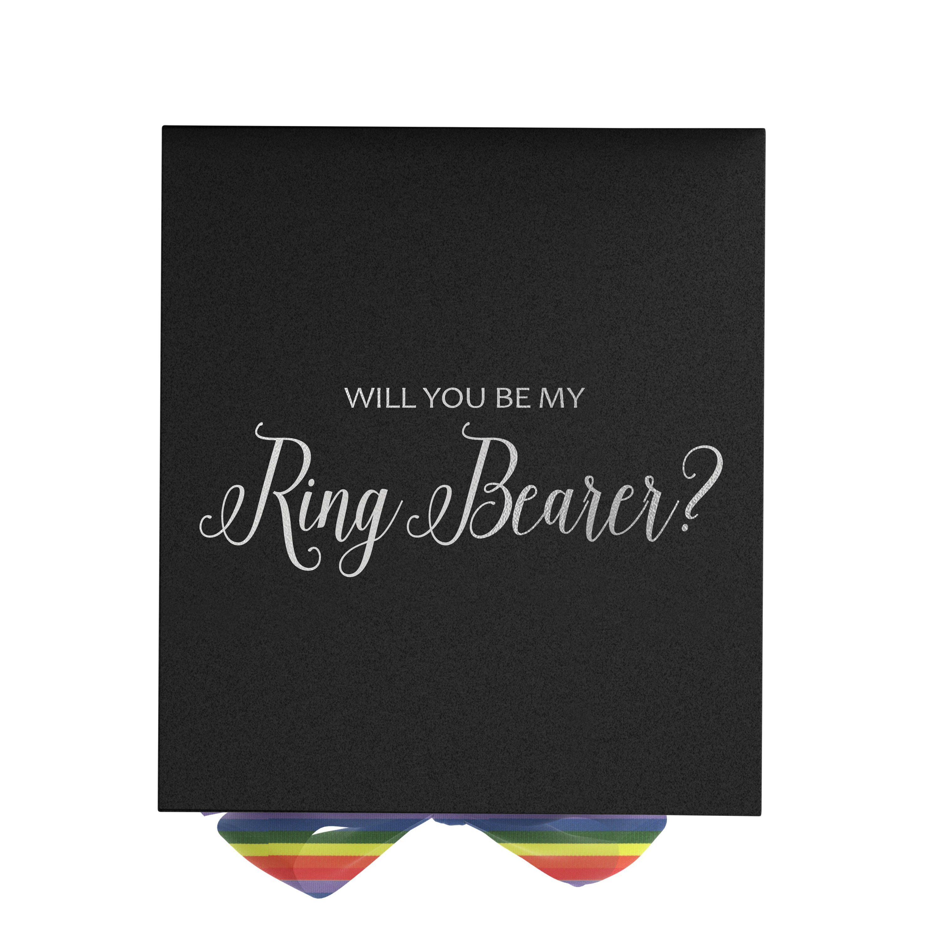 Elegant black proposal box with metallic writing and rainbow bow, showcasing a luxurious design.