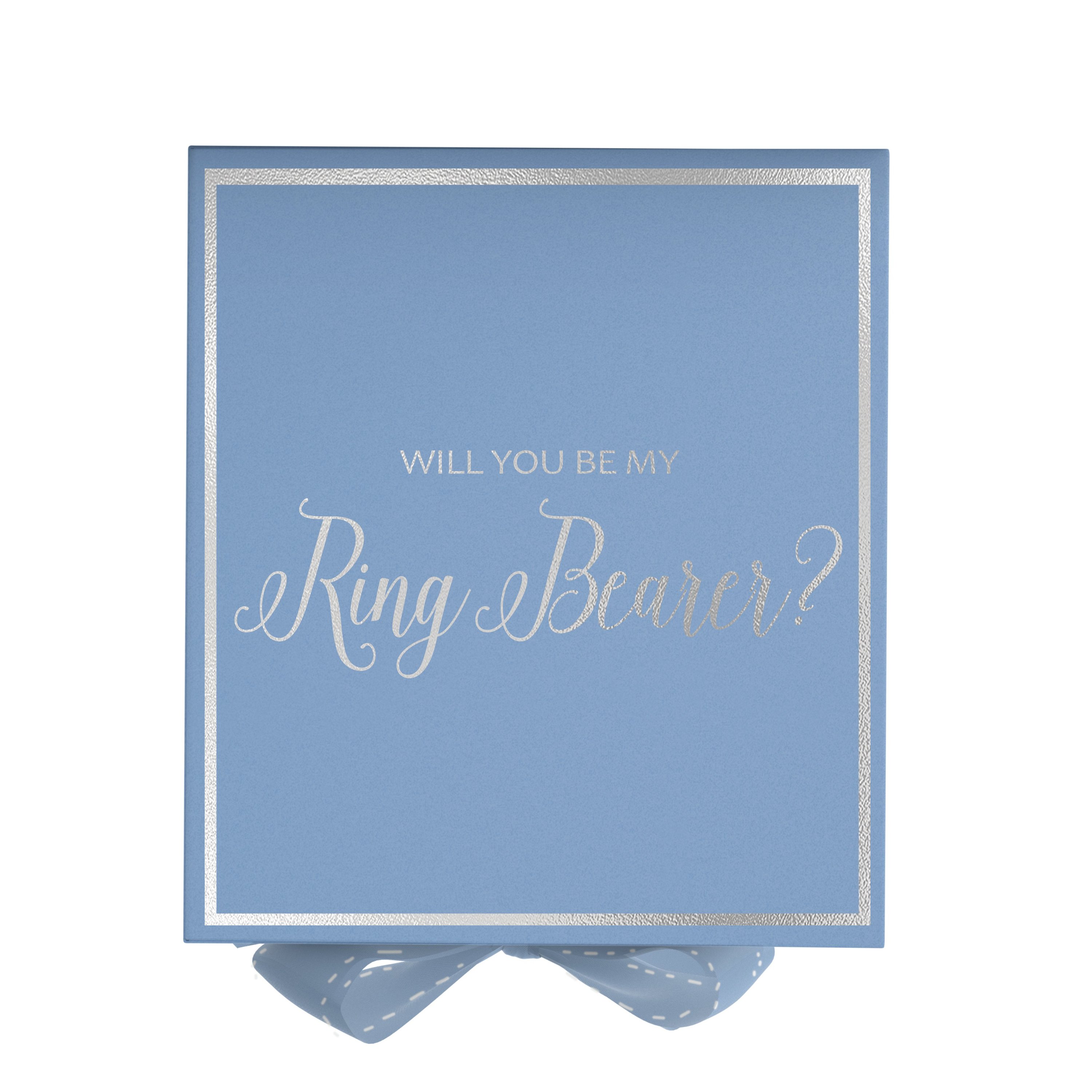 Light blue proposal box with metallic writing and bow, perfect for ring bearer.