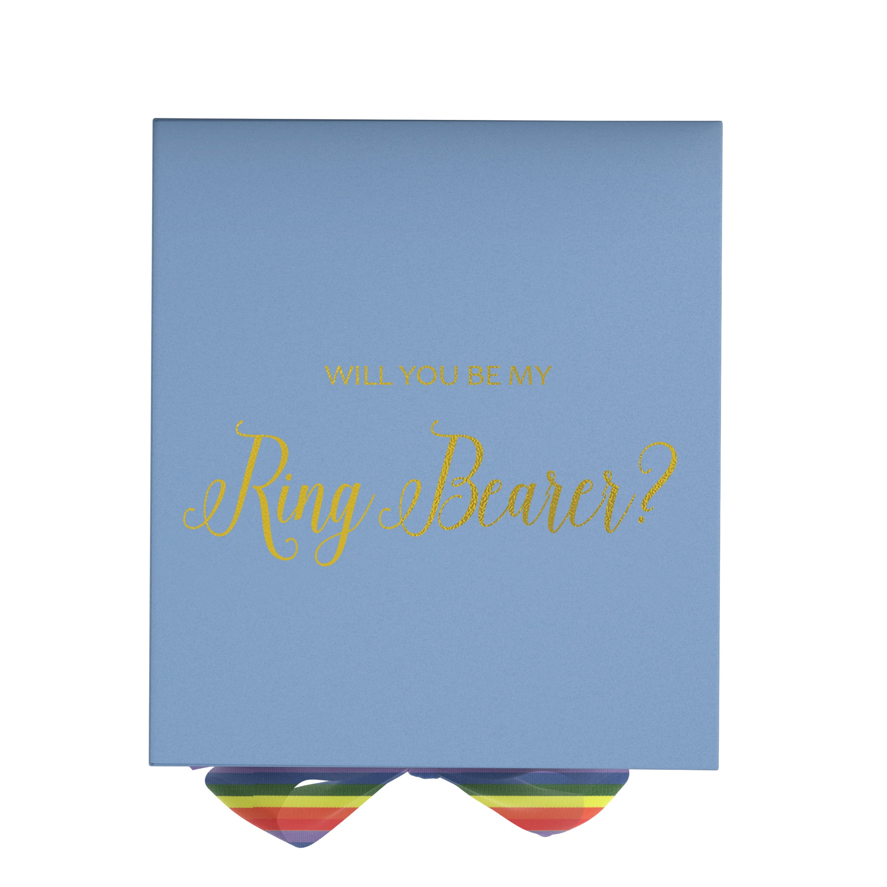Light blue proposal box with metallic writing and rainbow bow, showcasing elegant design and quality construction.