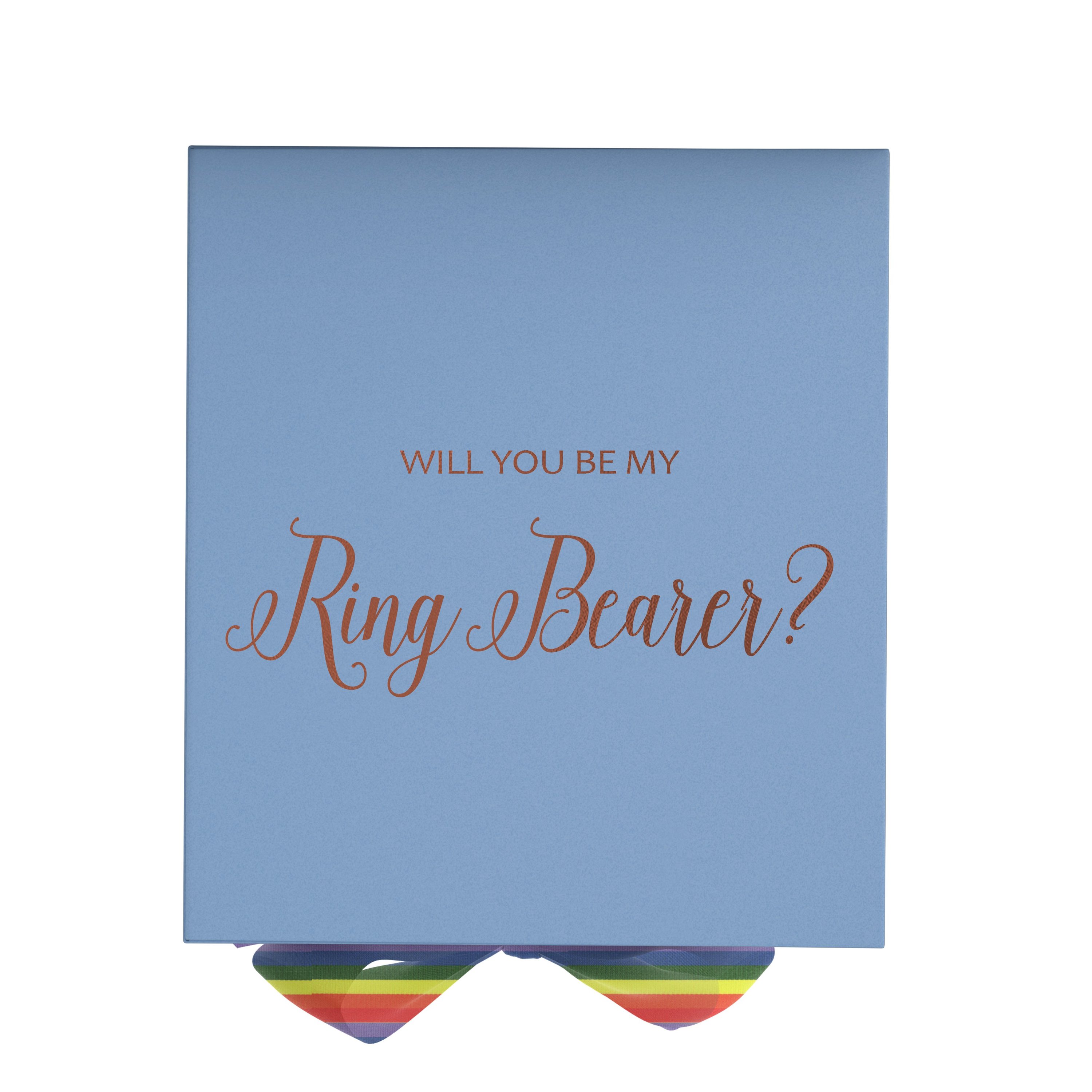 Light blue proposal box with metallic writing and rainbow bow, showcasing elegant design and quality construction.