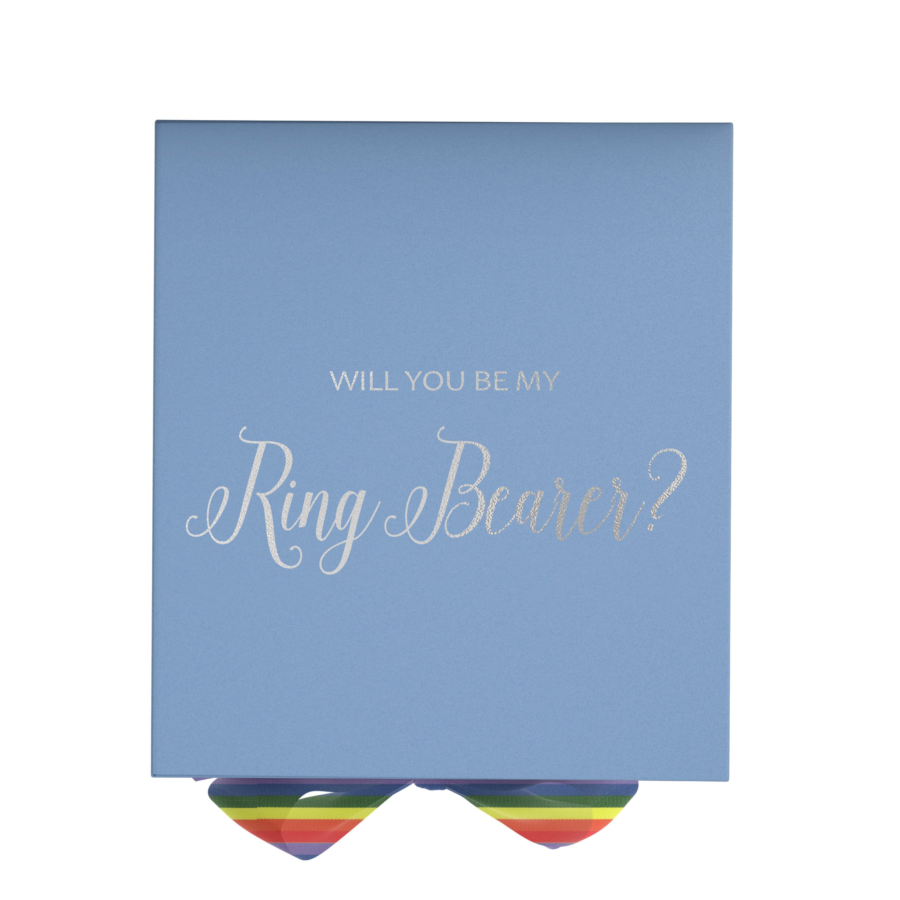 Light blue proposal box with metallic writing and rainbow bow, showcasing elegant design and quality construction.