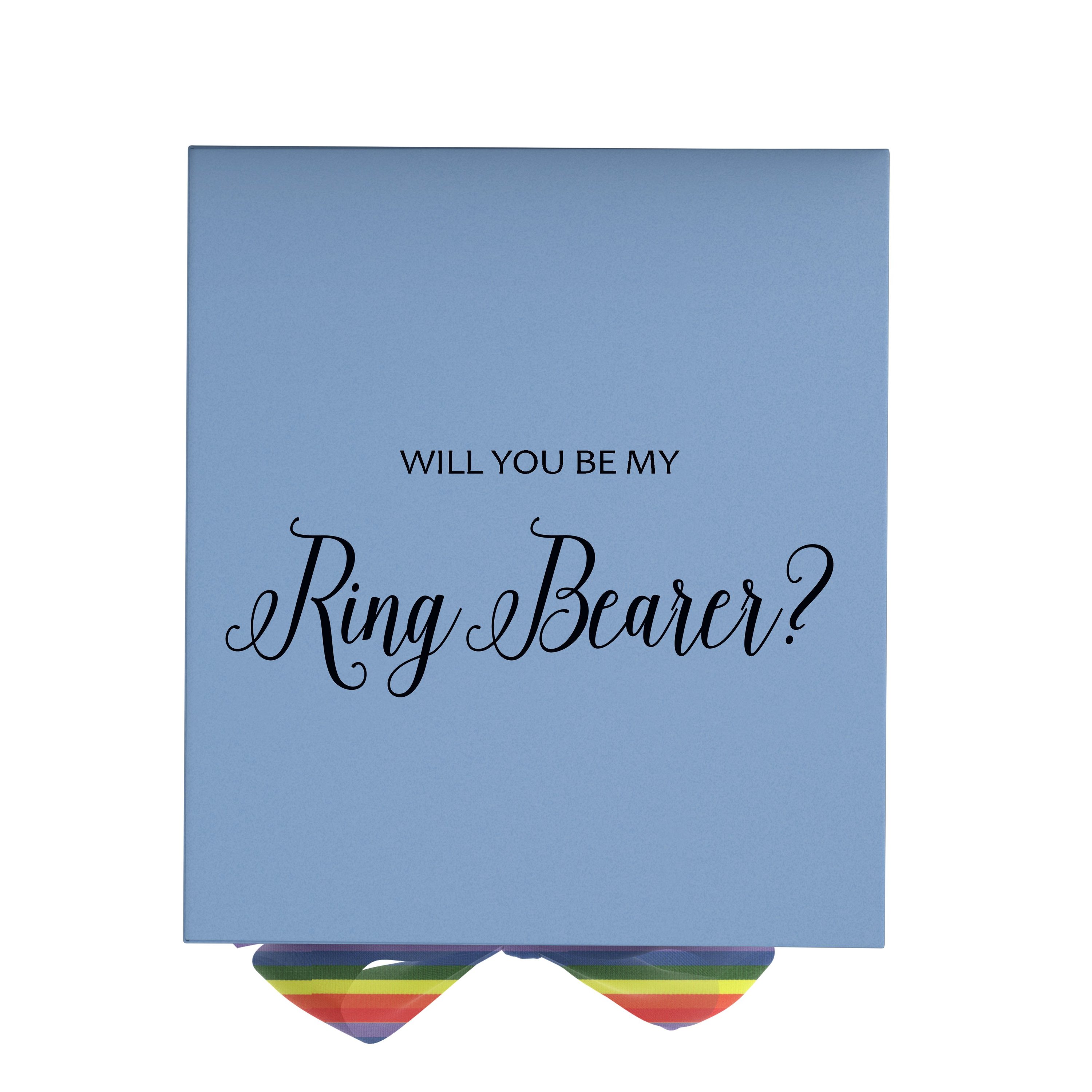 Light blue proposal box with metallic writing and rainbow bow, showcasing elegant design and quality construction.