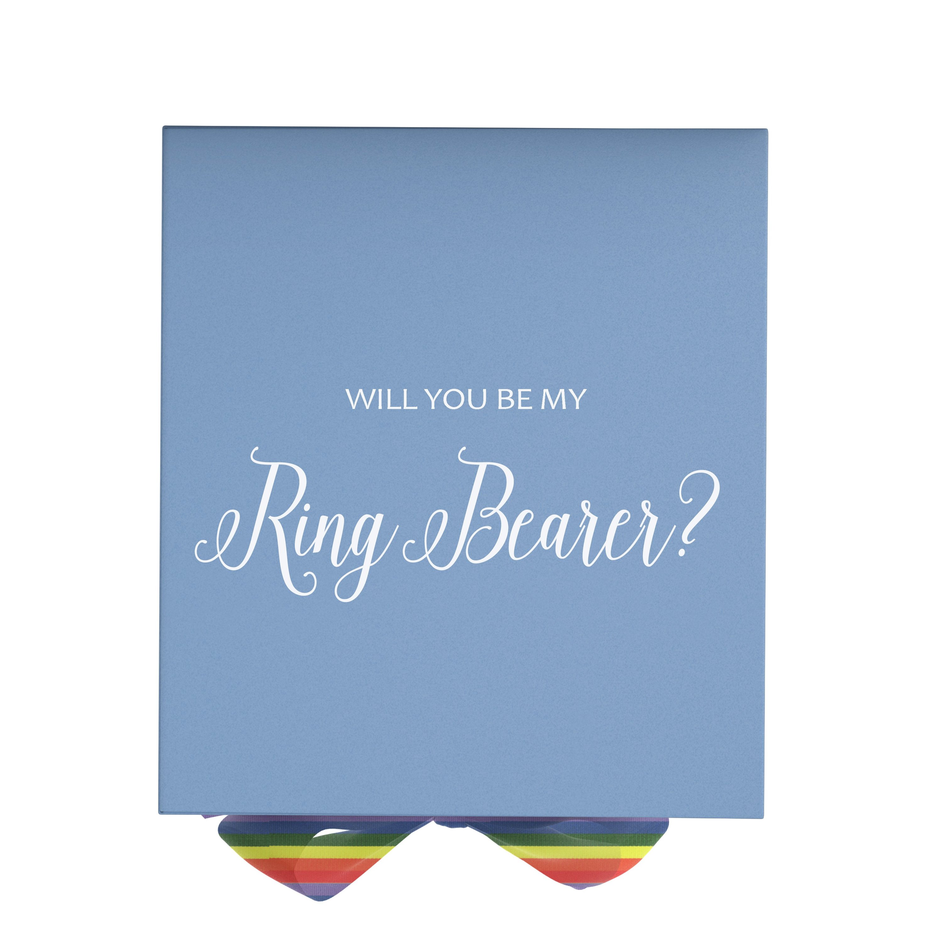Light blue proposal box with metallic writing and rainbow bow, showcasing elegant design and quality construction.