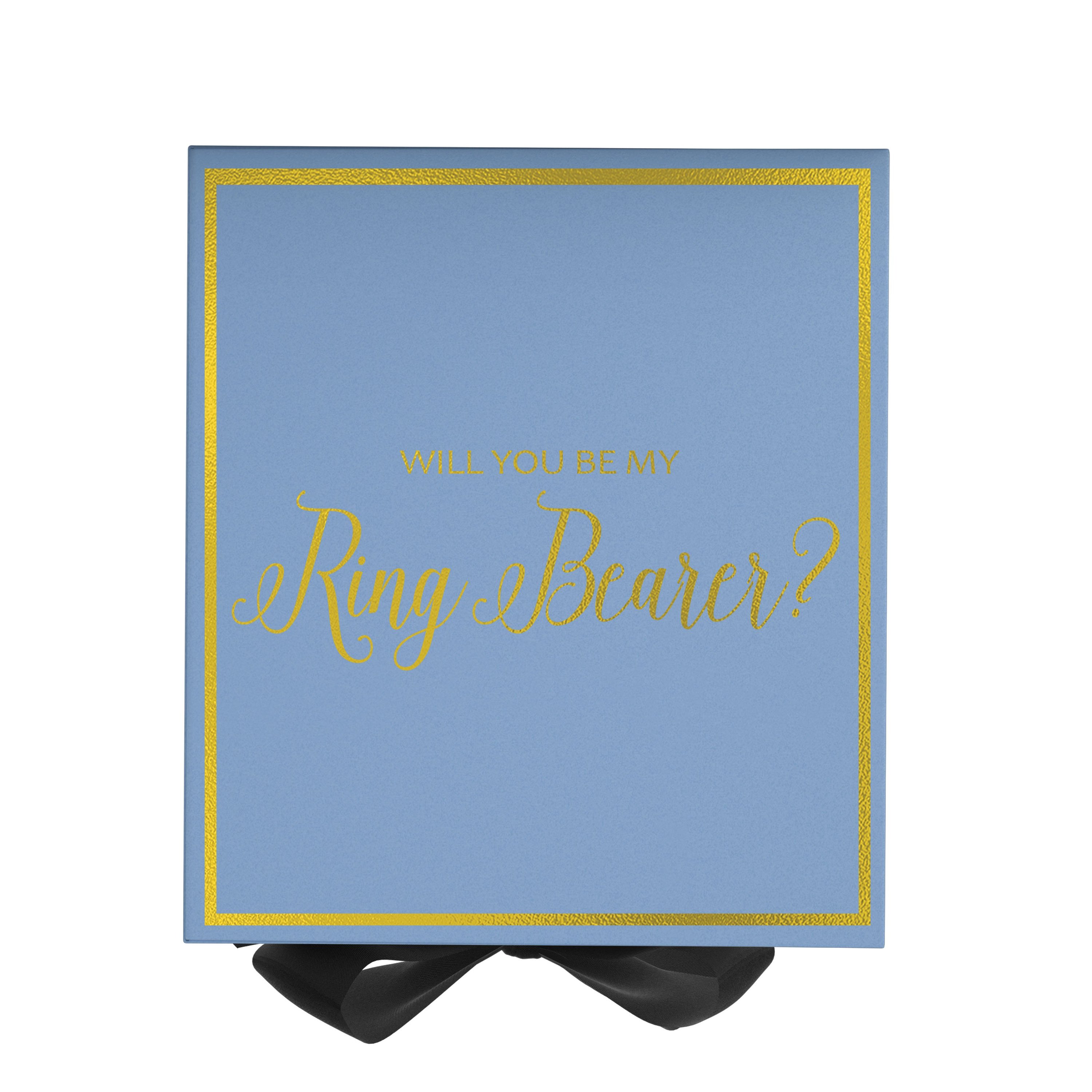 Light blue proposal box with black bow and metallic writing, perfect for asking someone to be a ring bearer.