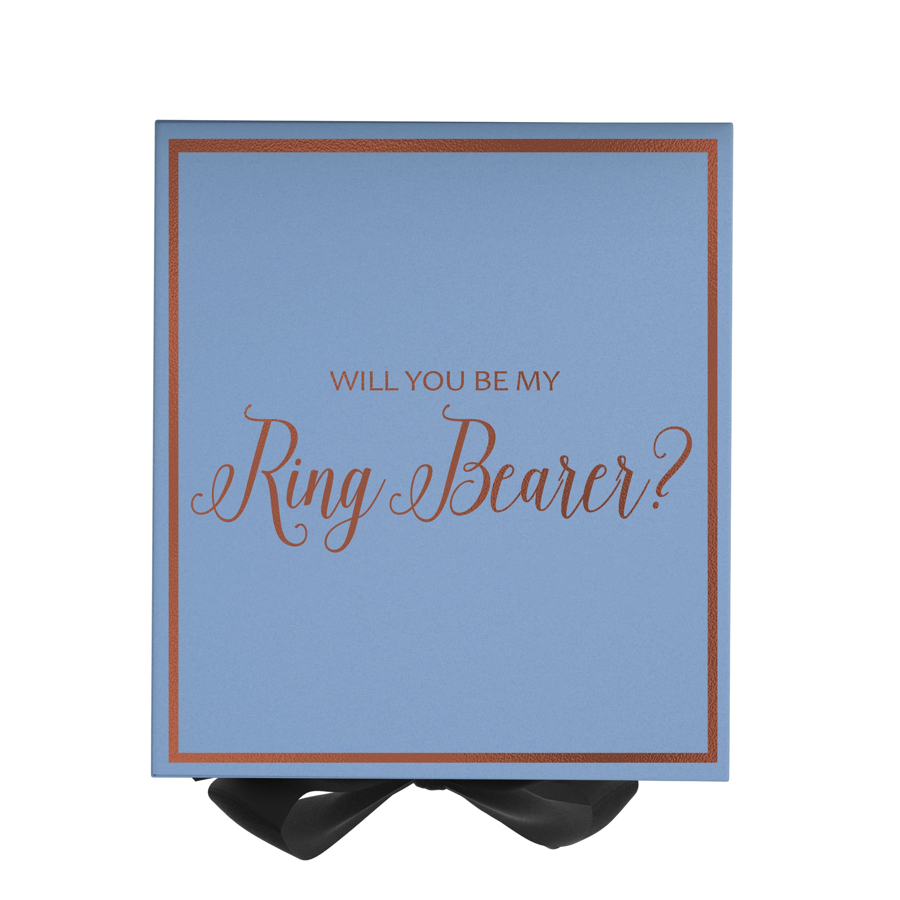 Light blue proposal box with black bow and metallic writing, perfect for asking someone to be a ring bearer.