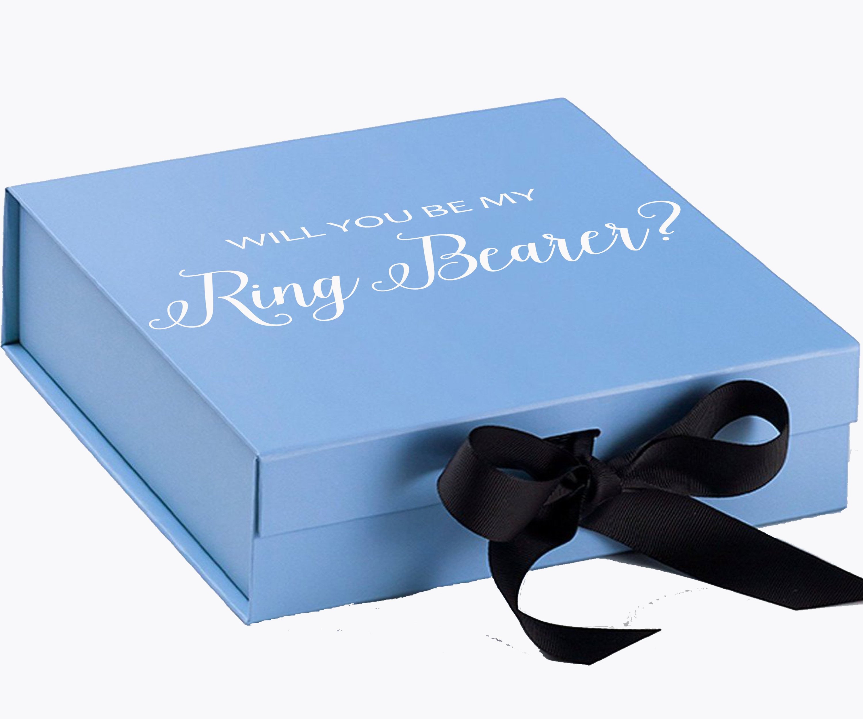 Light blue proposal box with black bow and metallic writing, perfect for ring bearer proposal.