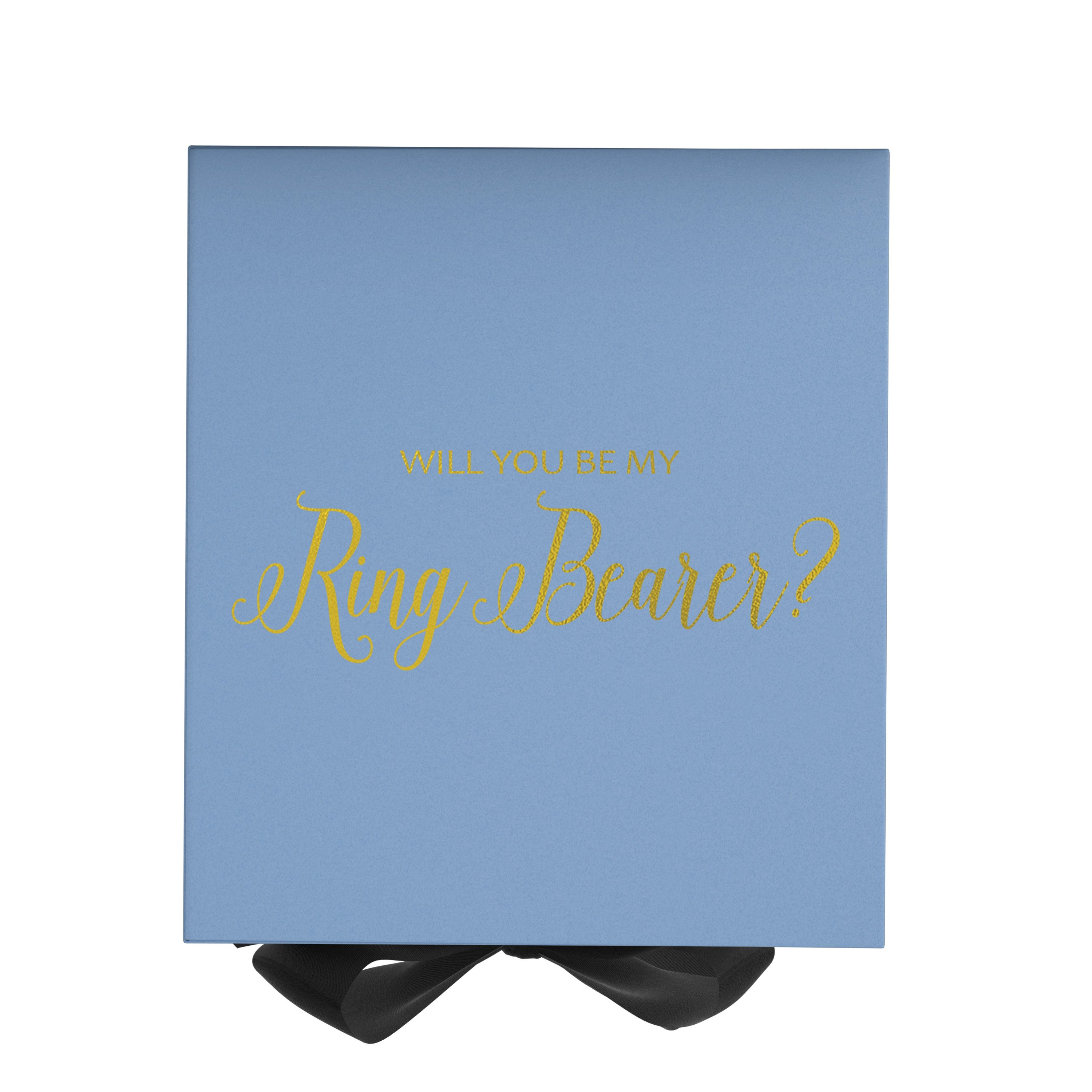 Light blue proposal box with black bow and metallic writing, perfect for ring bearer proposal.