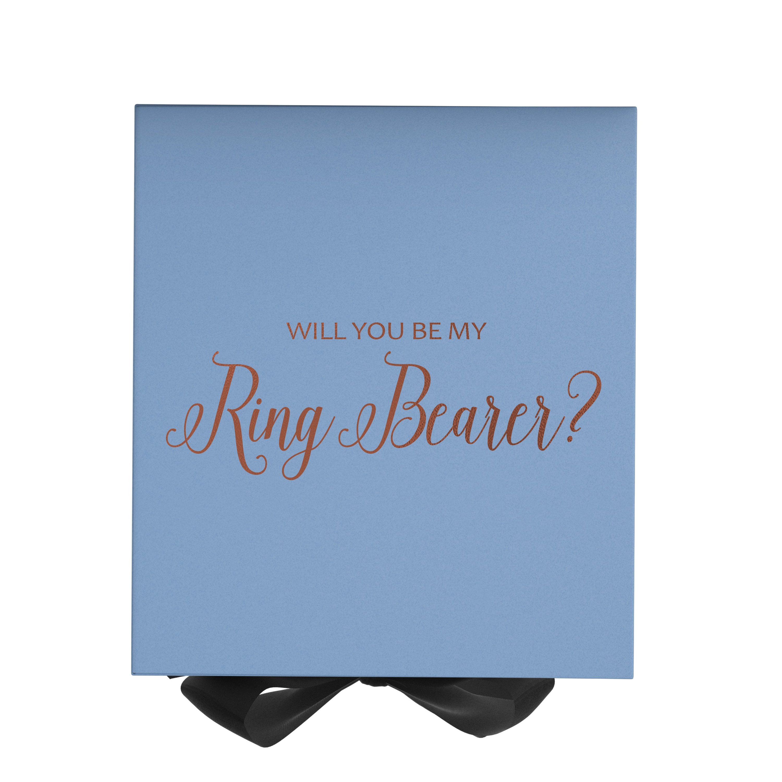 Light blue proposal box with black bow and metallic writing, perfect for ring bearer proposal.