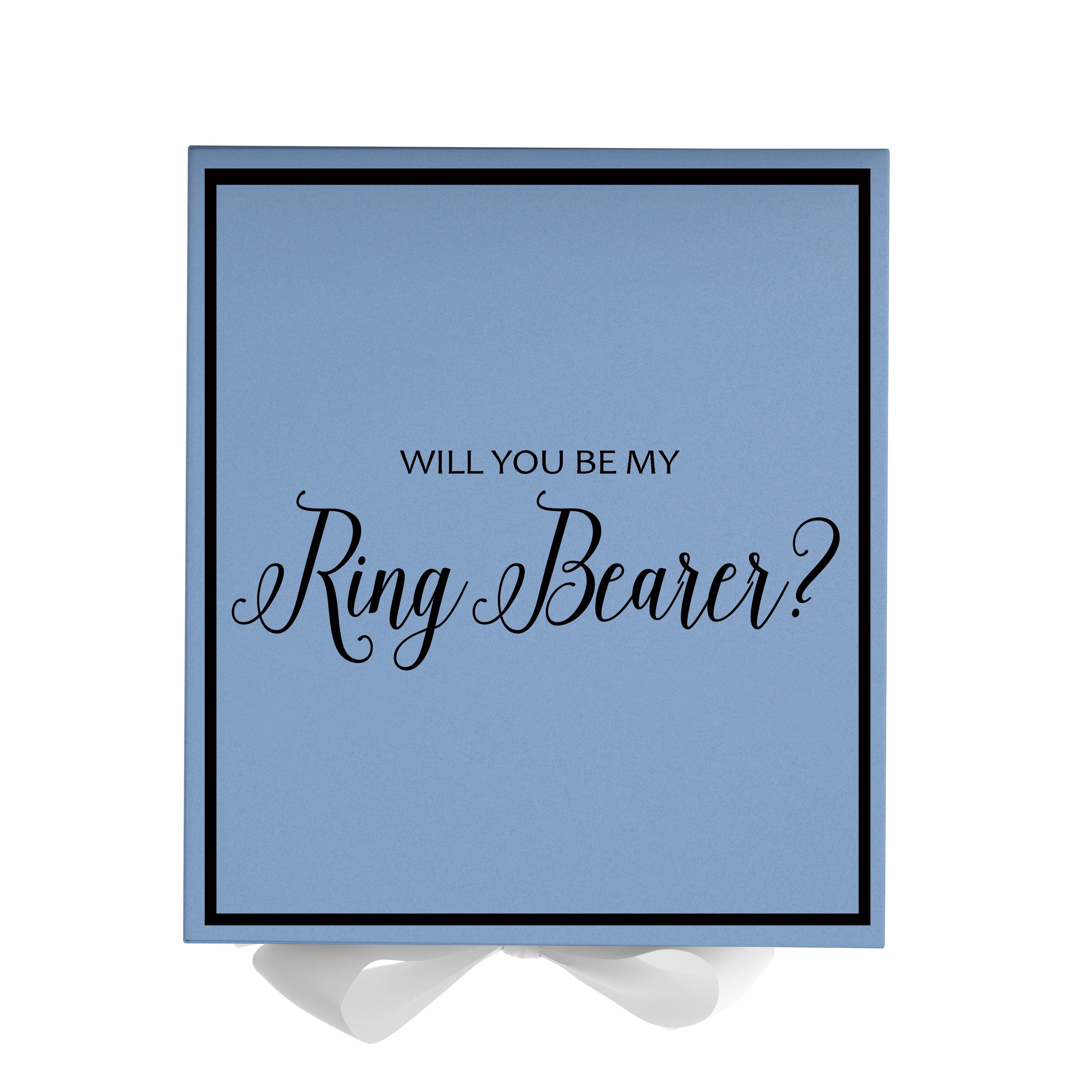 Light blue proposal box with white bow and metallic writing, perfect for ring bearer proposals.
