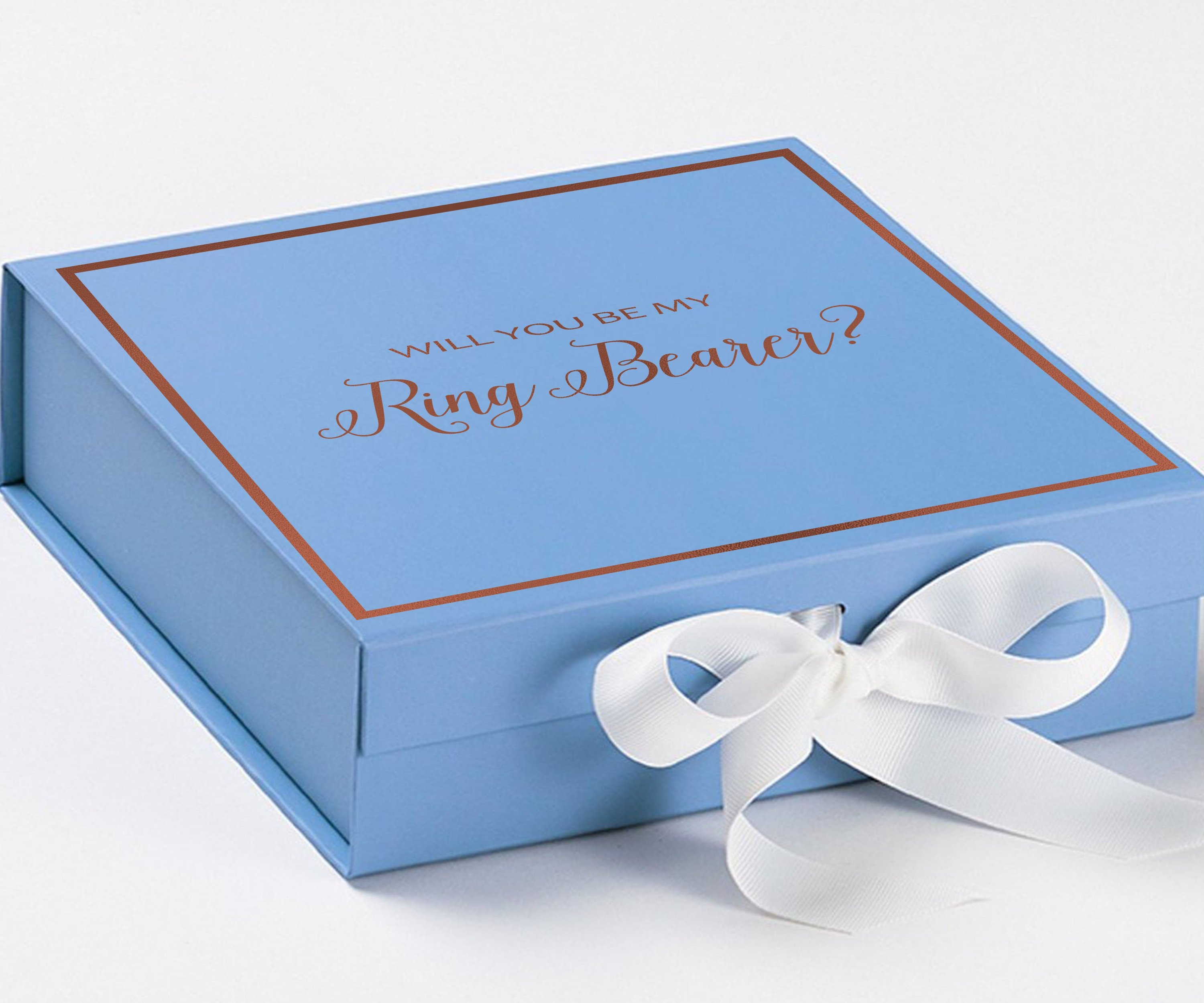 Light blue proposal box with white bow and metallic writing, perfect for ring bearer proposals.